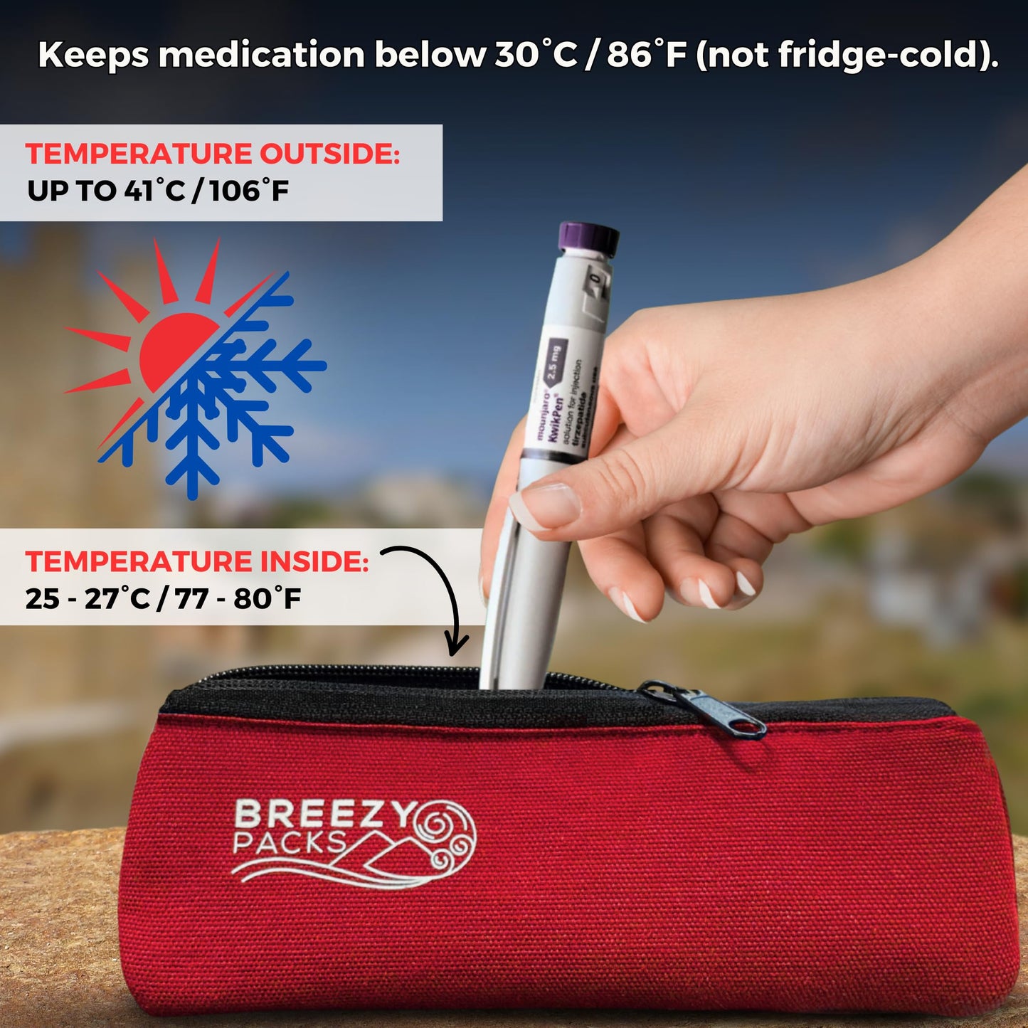 Breezy Basic (Small) | BreezyPacks Medicine Cooling case | Keeps Medicine at Room Temperature | Recharges by Itself - No wetting, Freezing or Electricity | EpiPen and Insulin Travel Bag (Red)