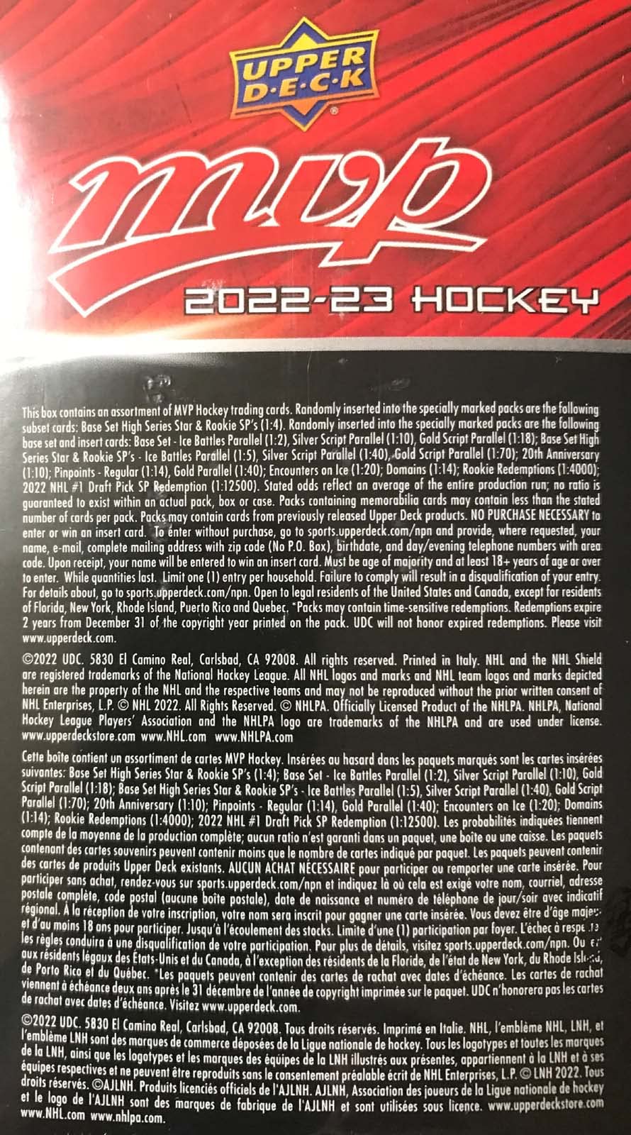 Upper Deck 2022-23 MVP Hockey Blaster Box (15 Packs of Hockey Cards)