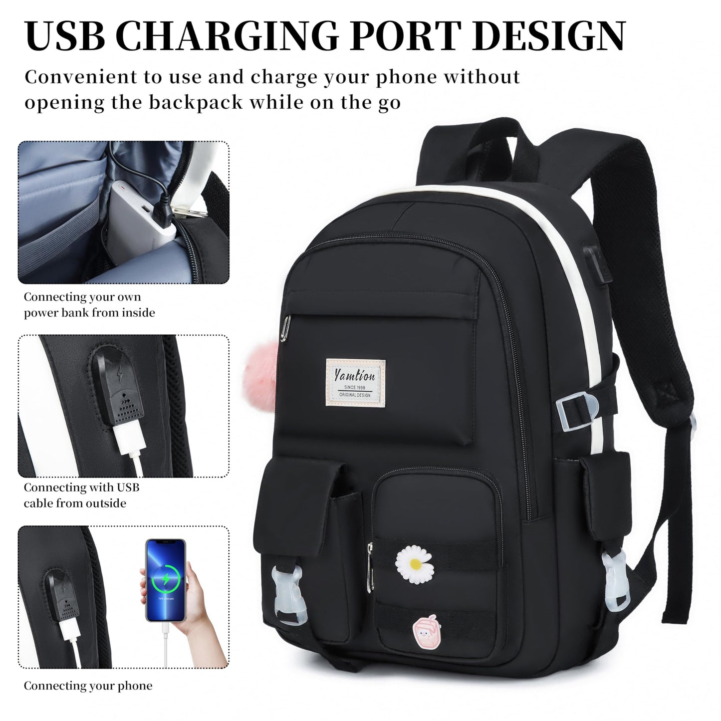 School Backpack for Teen Girls,15.6in Laptop Backpack Kids Bookbag for Middle School College Students,Cute School Bag for Women,Black