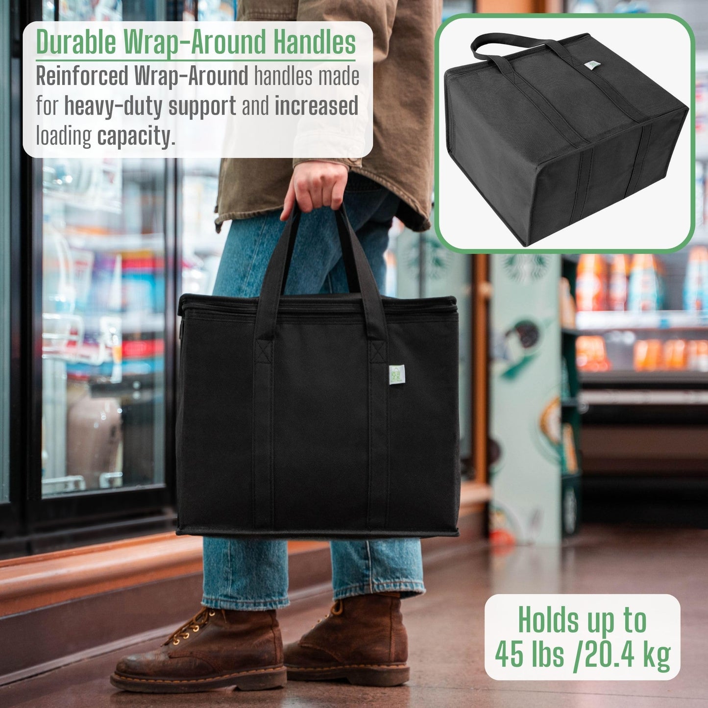 VENO 2 Pack Insulated Reusable Grocery Bag, Food Delivery Bag, Durable, Heavy Duty, Large Size, Stands Upright, Collapsible, Sturdy Zipper, Reusable and Sustainable (Black, 2 Pack)