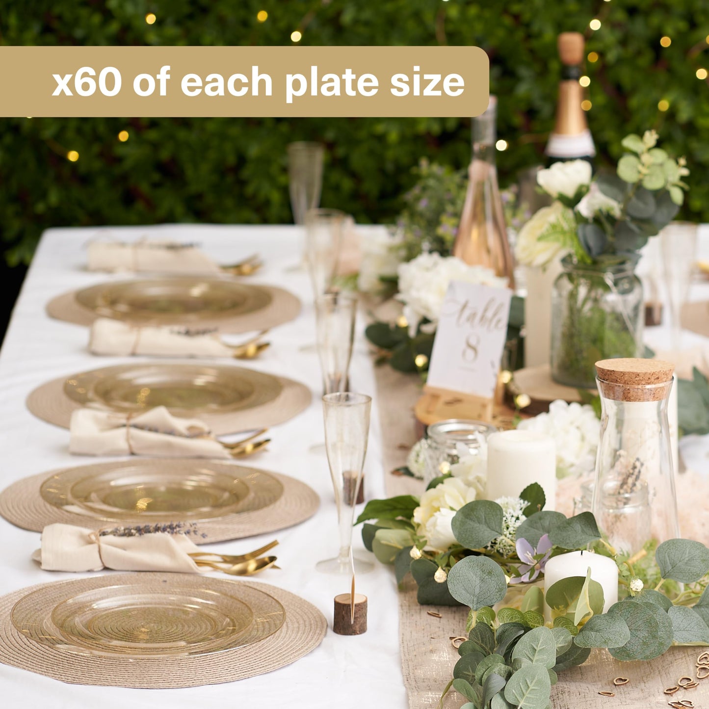 MATANA 120 Pack Elegant Gold Glitter Plastic Plate Set for 60 Guests - 60 Dinner Plates 10.25" and 60 Salad Dessert Appetizer Plates 7.5", Heavy Duty, Premium, Reusable for Wedding Party, Events