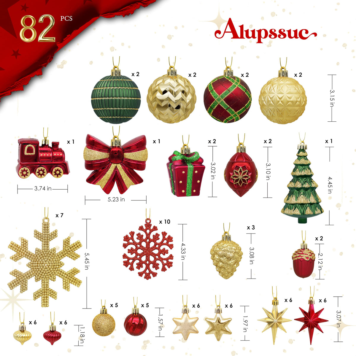 Alupssuc 82pcs Christmas Balls Ornaments Set, Delightful Classic Gift Set Gift Set, and Tree Topper for Xmas Tree Holiday Wedding Party Decorations with Hanging Strings, Gold，Red and Green