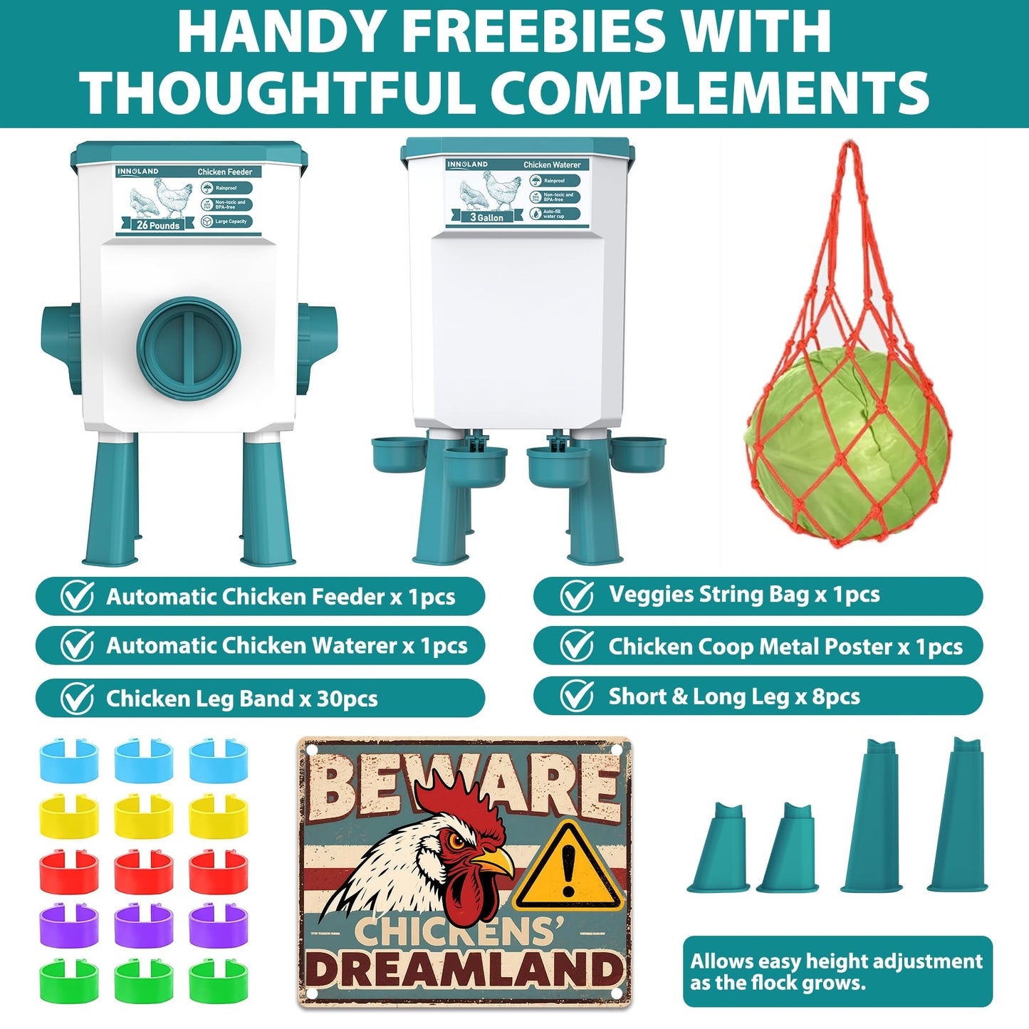 Chicken Feeder and Waterer Set - 3 Gallon/26.5 Pounds, Automatic Chicken Waterer with 4 Cups & 3 Feeder Ports, No Waste Poultry Feeders & Waterers, Chickens Coop Accessories for Hens/Ducks/Poultry