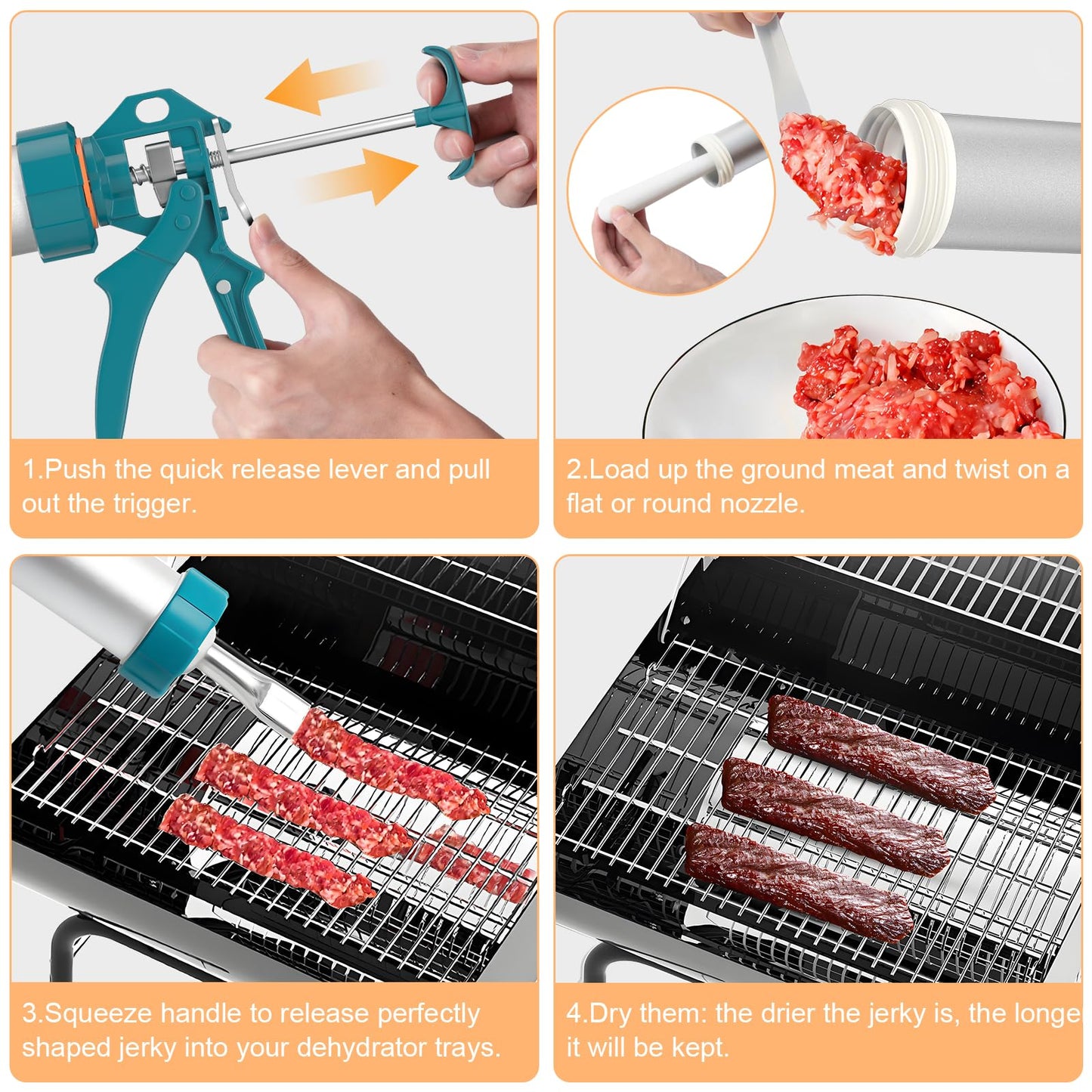 XINQIAO Beef Jerky Gun for Ground Meat, Large Aluminum Jerky Cannon Comes with a Bag, 4 Nozzles, 2 Brushes, 1 Funnel, 1 Pestle