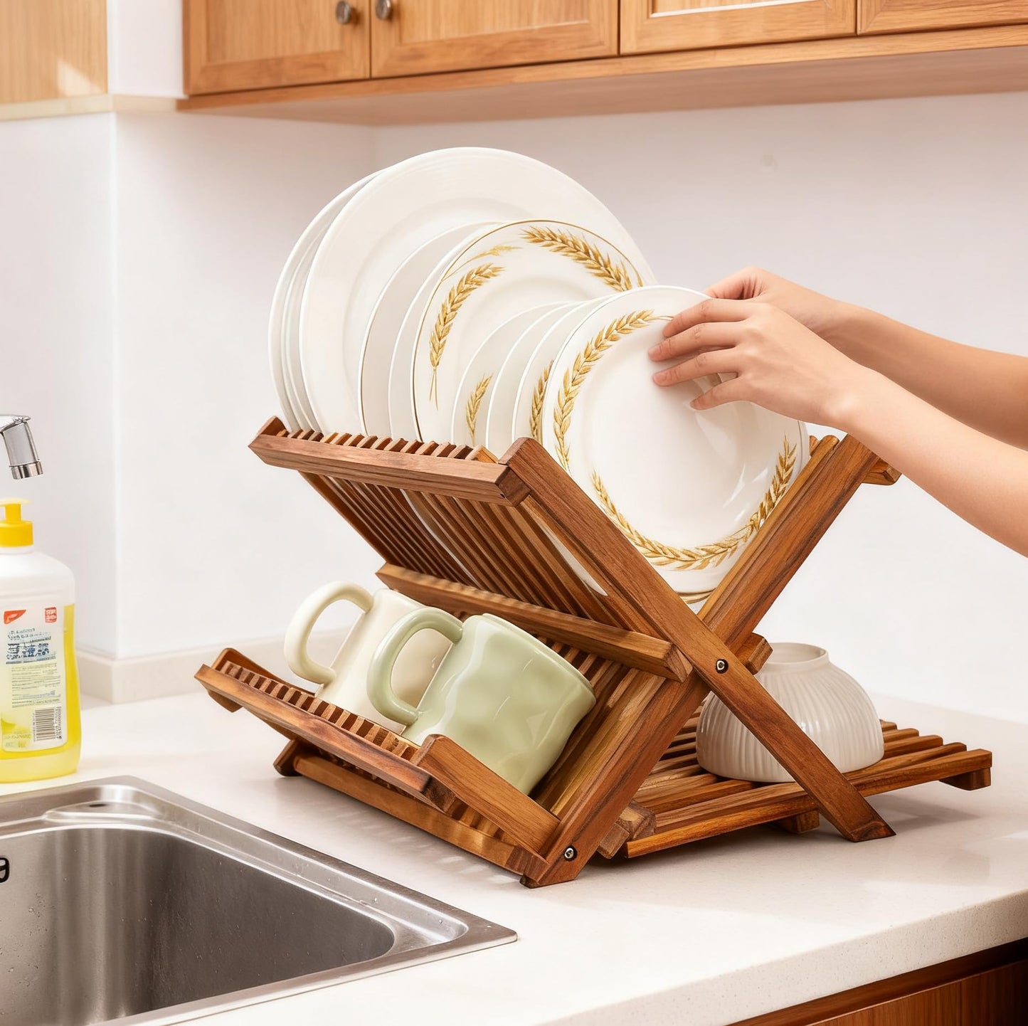 Utoplike Teak Wood Dish Rack, 3 Tier Dish Drying Rack Collapsible, Folding Dish Drainer Rack Wood, Space-Saving Countertop for Dishes, Plates, Cups