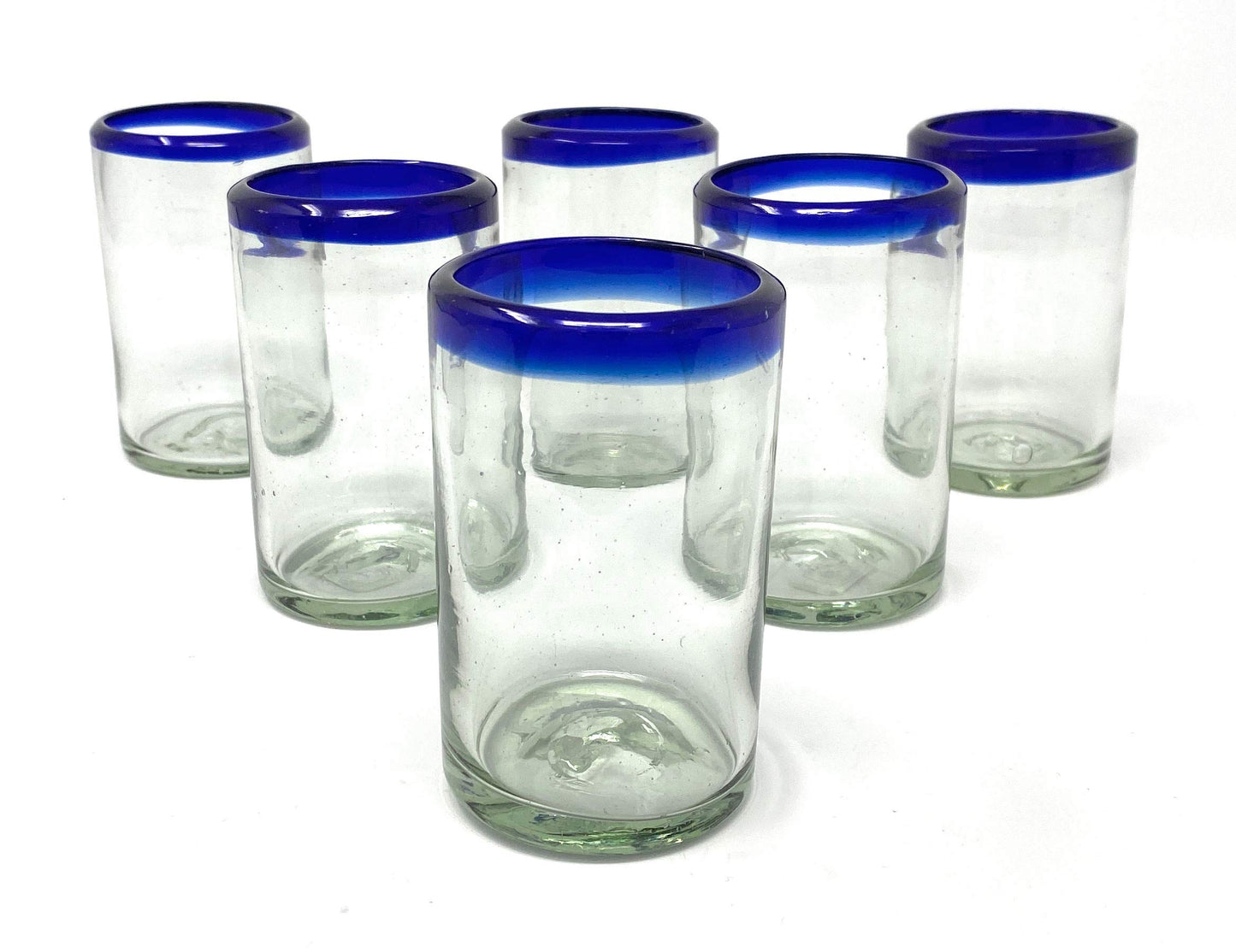 Dos Sueños - Hand Blown Mexican Tumblers - Set of 6 Glass Juice Glasses with Cobalt Blue Rims, 8oz (237ml)