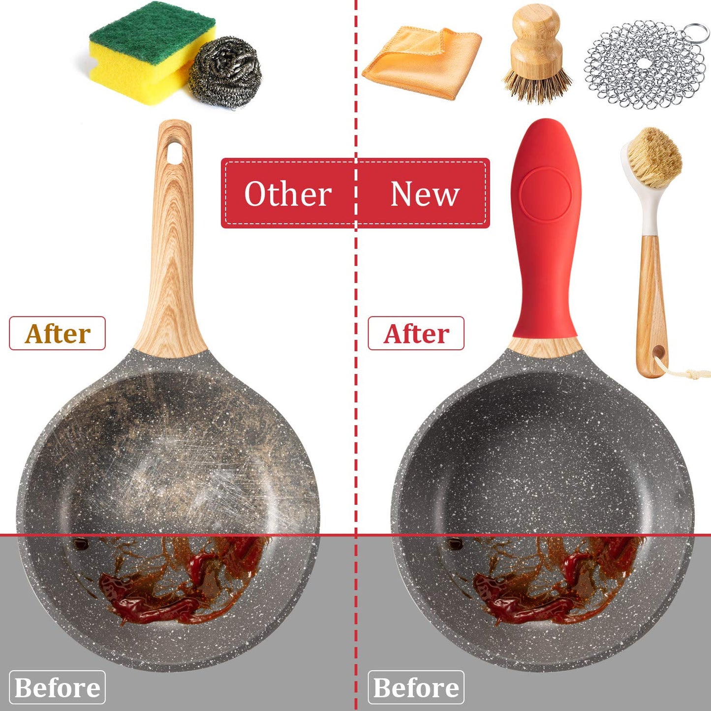 Patelai 8 Pieces Cast Iron Cleaning Kit Skillet Cleaner Set Include Stainless Steel Chainmail Scrubber Bamboo Dish Scrub Brushes Pan Grill Scrapers for Cleaning Pot Pans Skillets Kitchen(Orange)
