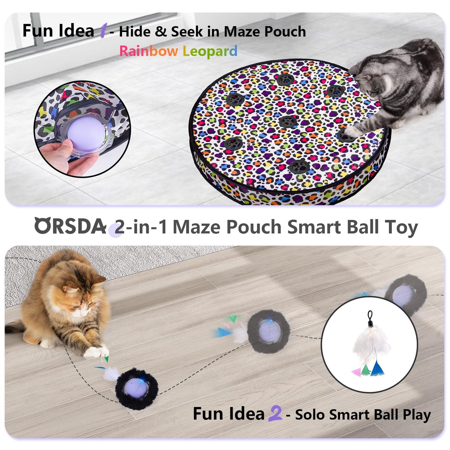 ORSDA Cat Toys Ball, Automatic Fast Rolling Ball in Pouch, Hide and Seek Cat Toy for Indoor Cats, Motion Chirping Activated Moving Ball, 7 Holes Mat Mouse Catching Game