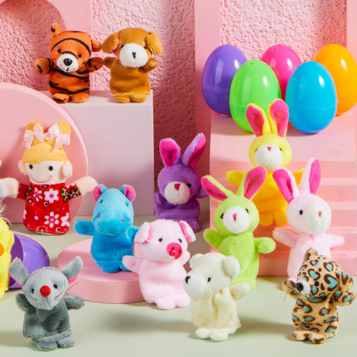 JOYIN 24 Pcs Easter Eggs Filled with Finger Puppets, Prefilled Easter Egg with Cartoon Animal Puppets for Kids Easter Eggs Hunt, Basket Stuffers Fillers, Party Favors and Classroom Prize Supplies