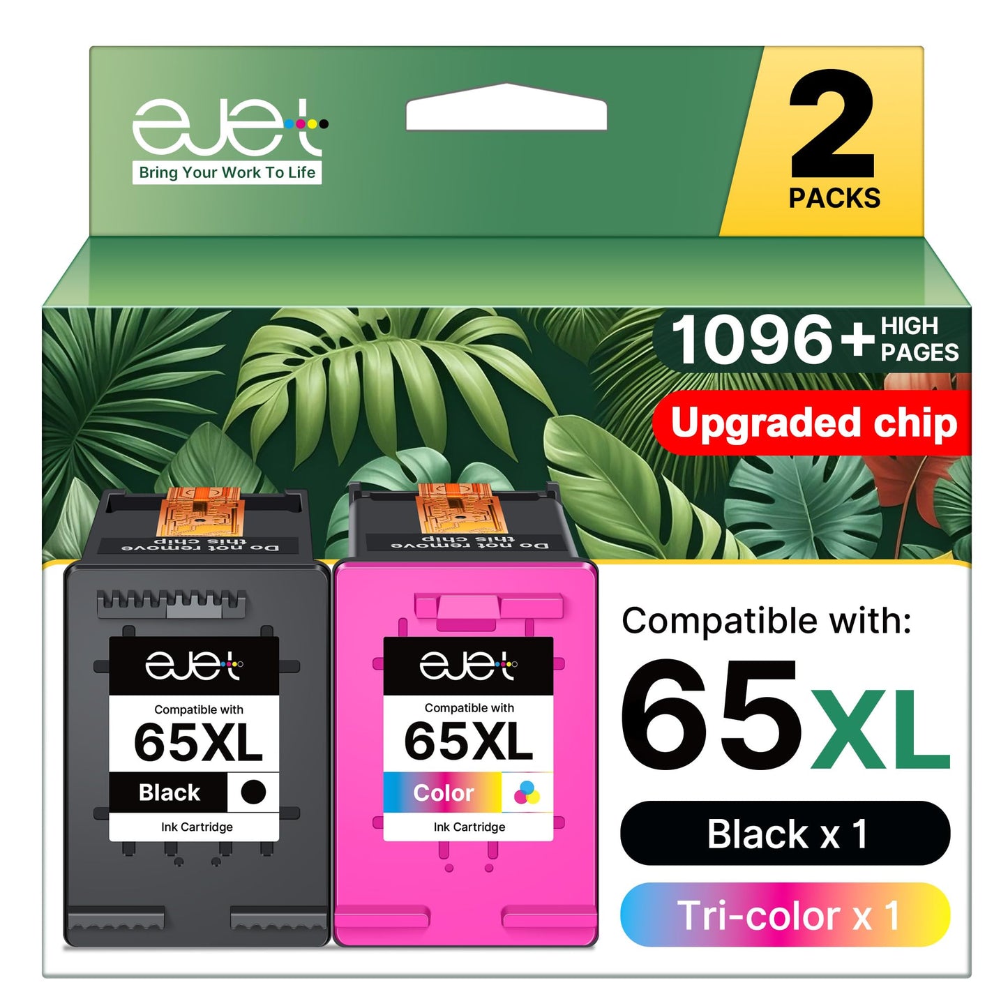 65XL Ink Cartridge Black/Color Combo Pack Replacement for HP 65XL High Yield Works with HP DeskJet 3752 3755 3700 3772 2655 2652 2622 Envy 5010 5012 5055 5052 AMP 100 Printer,Black, Tri-Color, 2-Pack