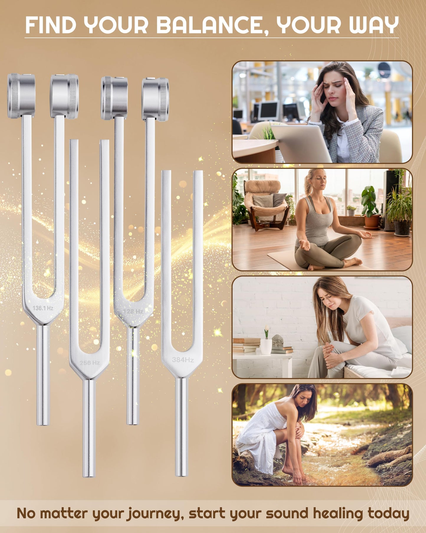 Tuning Forks for Healing Set-128Hz, 136.1Hz, 256Hz, 384Hz Weighted & Unweighted with Activator & Pouch-Complete Sound Therapy Kit for Chakra Balancing, Yoga, Meditation, Stress Relief & Energy Healing