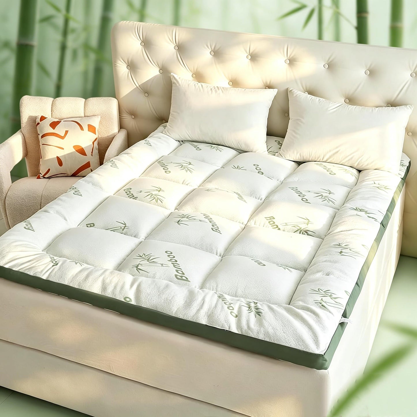 Swtmerry Extra Thick Mattress Topper Queen Size - 1000GSM Cooling Bamboo Mattress Pad Cover - Soft & Plush Mattress Protector - Pillow Top Bed Topper for Firm Mattress,60"x80"