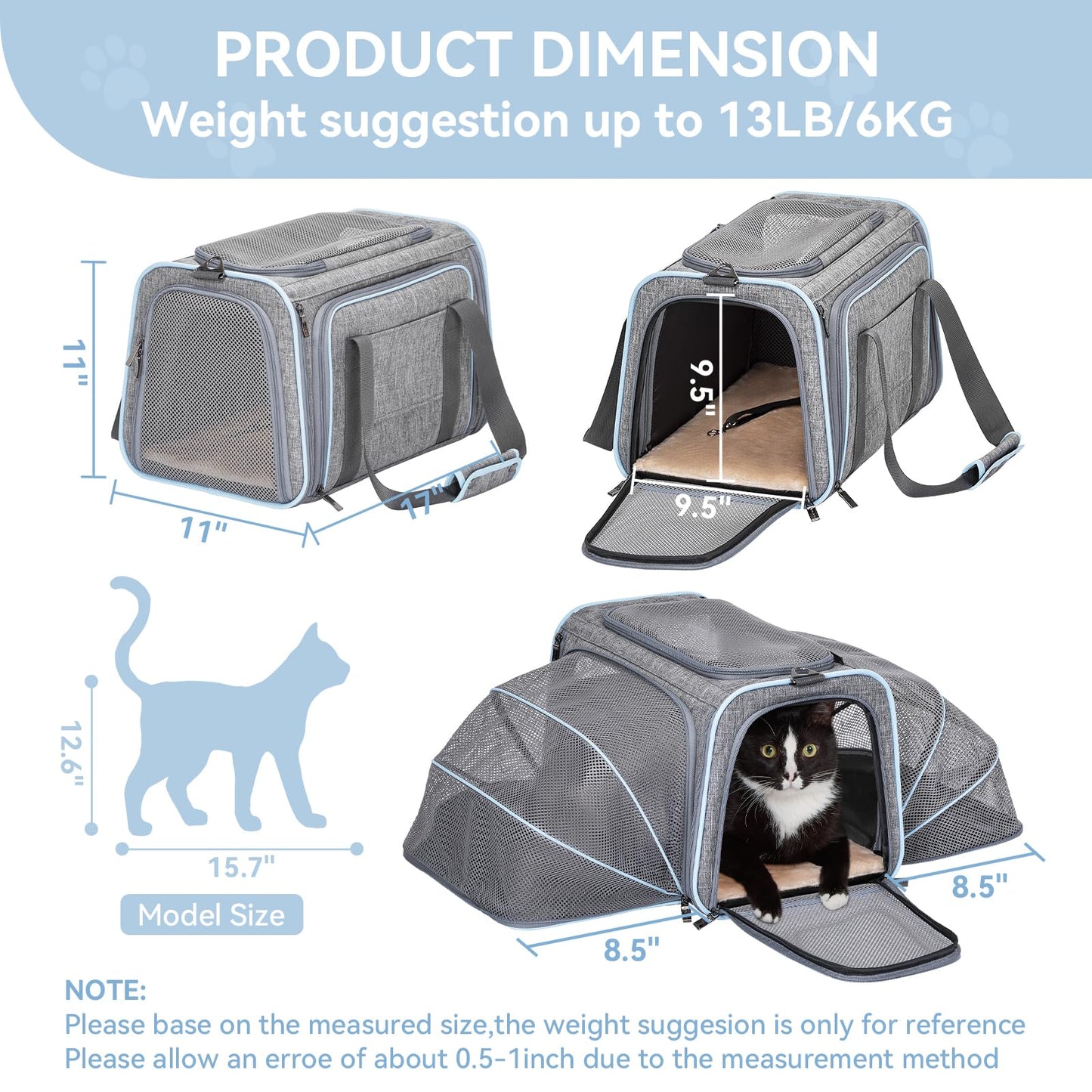 Petsfit Expandable Cat Carrier Dog Carrier,Airline Approved Soft-Sided Portable Pet Travel Washable Carrier for Kittens,Puppies,Removable Soft Plush mat and Pockets,Locking Safety Zippers