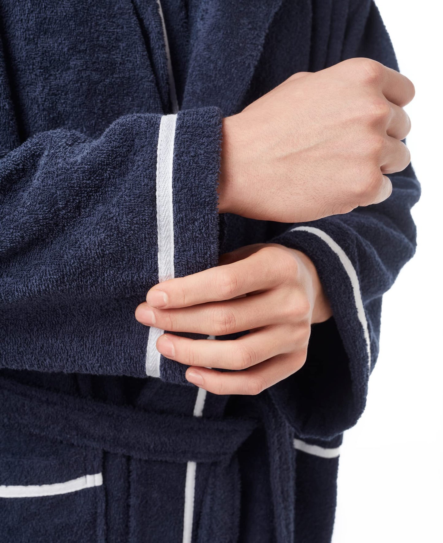 Arus Men's Hooded Classic Bathrobe Turkish Cotton Robe with Full Length Options, Navy Blue With White Border, XX-Large Extra Tall