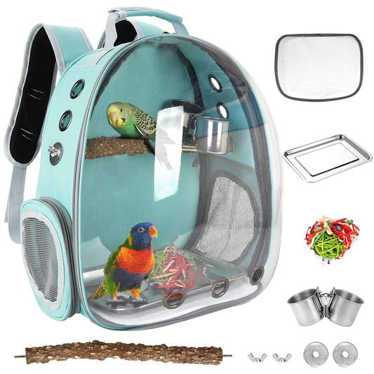 Bird Backpack Carrier with Perch, Portable Bird Travel Cage Bag, Clear Parrot Carrier Cockatiel Cage with Toy Stainless Steel Food Bowl Tray for Conures Parakeet Budgie Canary Lovebirds Small Animals