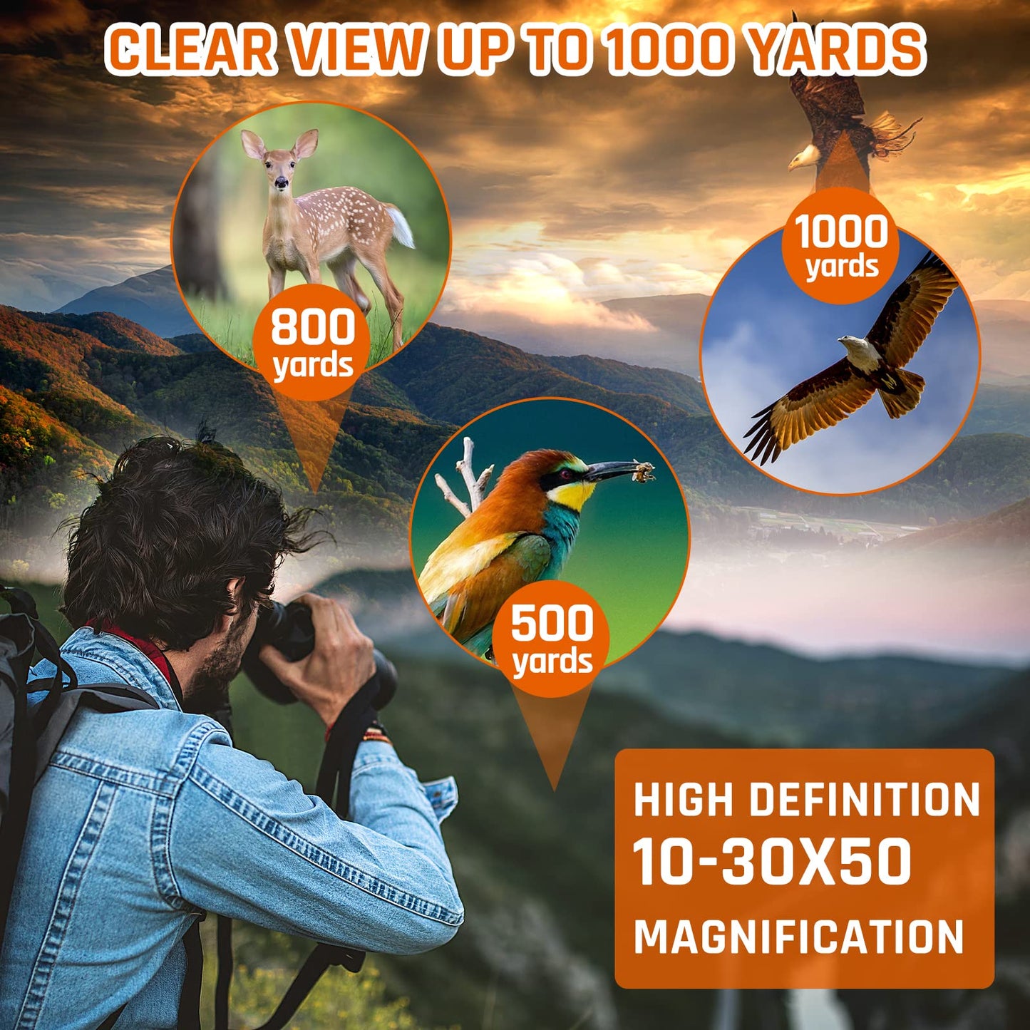 10-30x50 Zoom Binoculars for Adults, High Powered Military Binoculars for Bird Watching Traveling Hunting Concerts with Large View,BAK4,FMC Lens,Clear Low Light Vision at Night