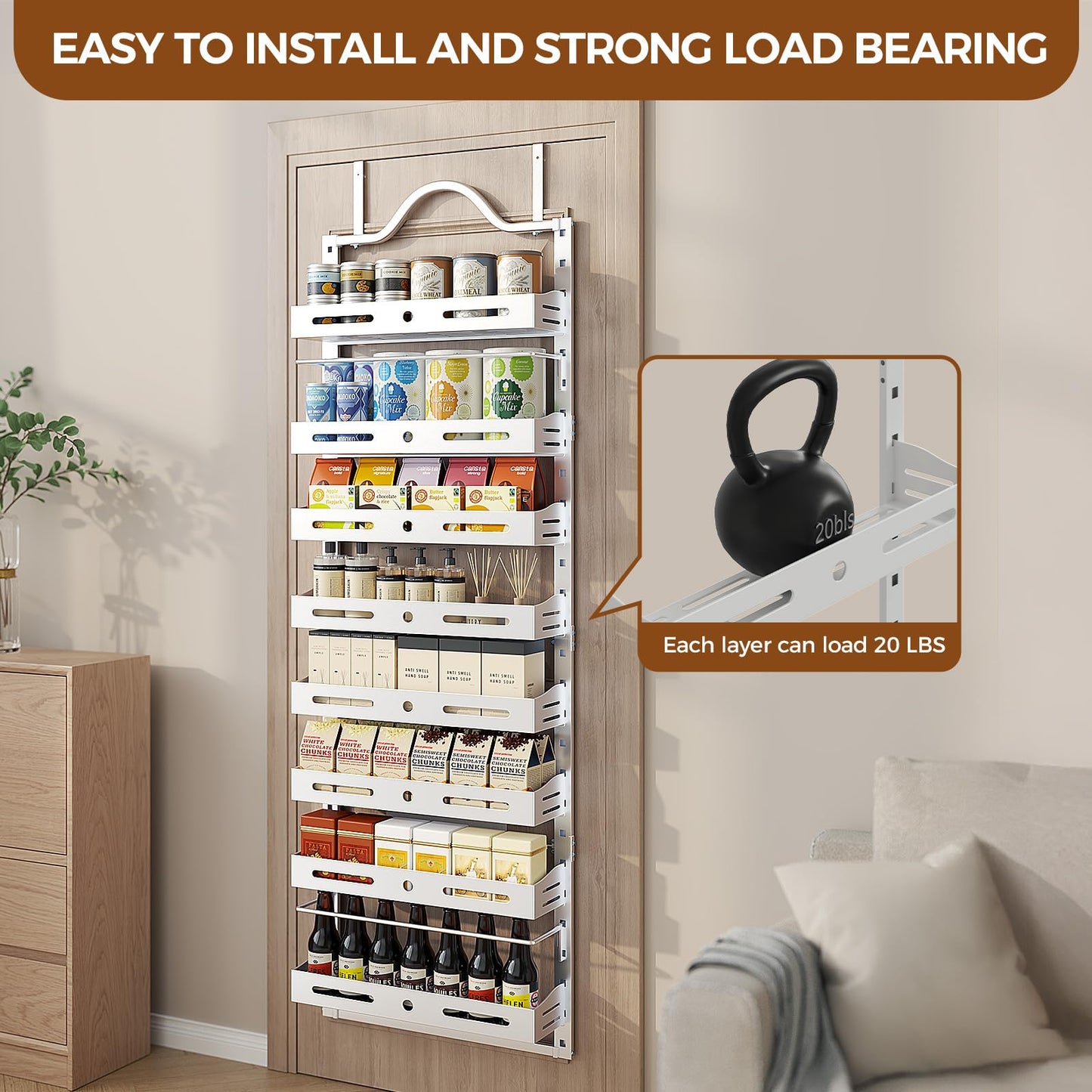 8-Tier Over The Door Pantry Organizer, Large 2 IN 1 Wall Mount or Hanging Spice Rack, Pantry Door Organizer and Storage with Adjustable Basket, Door Spice Rack for Pantry, White