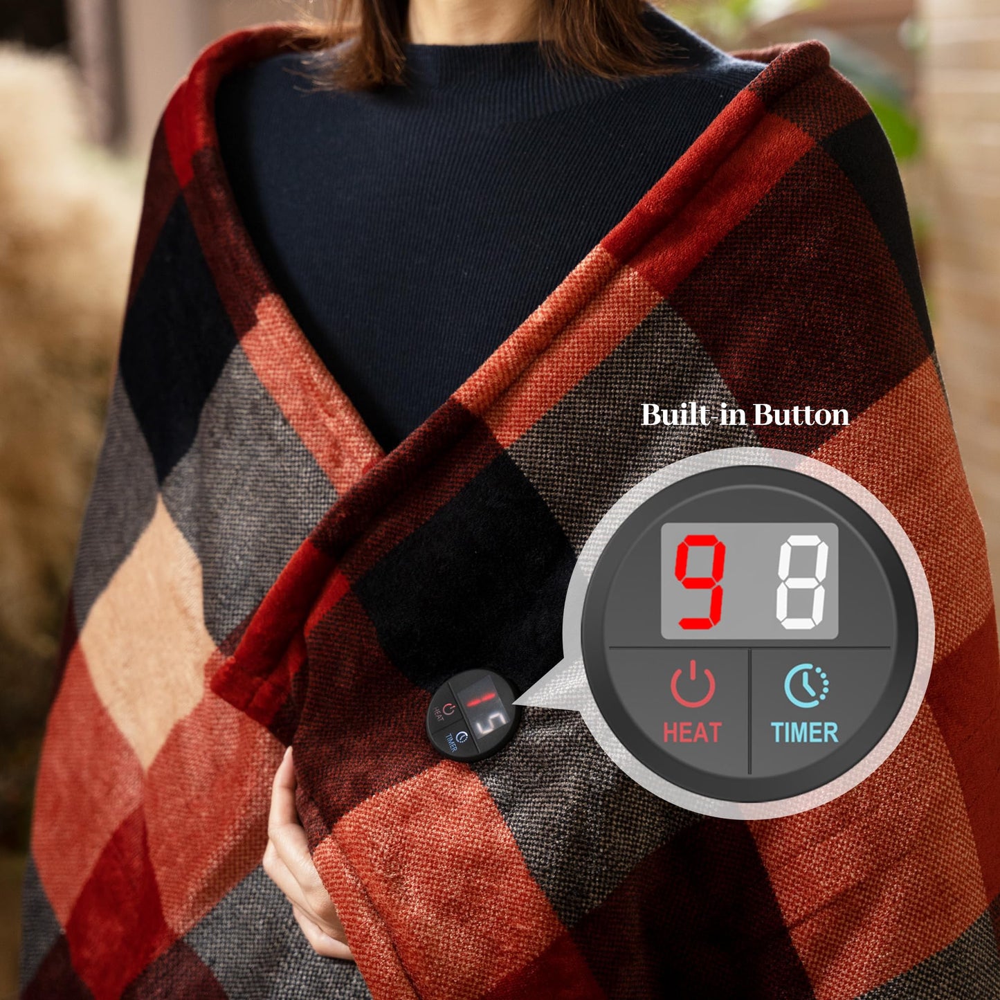 GOTCOZY Heated Blanket Electric Throw 50''X60''- Electric Throw Blanket with One Touch Button 10 Heating Level & 9 Time Settings Heating Blanket, Machine Washable (Check RedBlack)