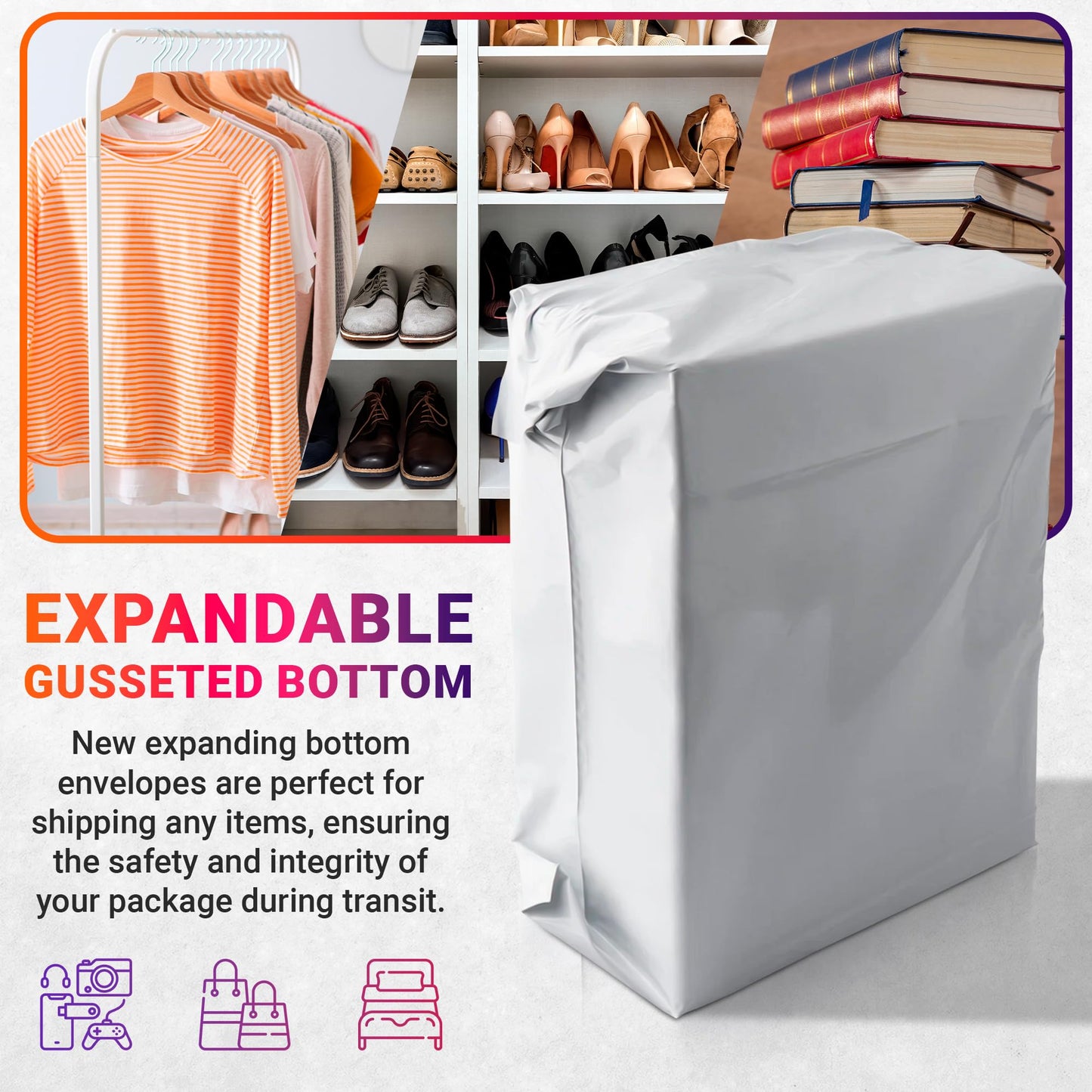 ABC Gusseted Poly Mailer 13 x 16 x 4 Inches. Pack of 100 White Poly Mailers. Large Shipping Bags for Clothes. Self Sealing Poly Bags. Expandable Poly Mailer. Mailer Bags for Packaging, Packing