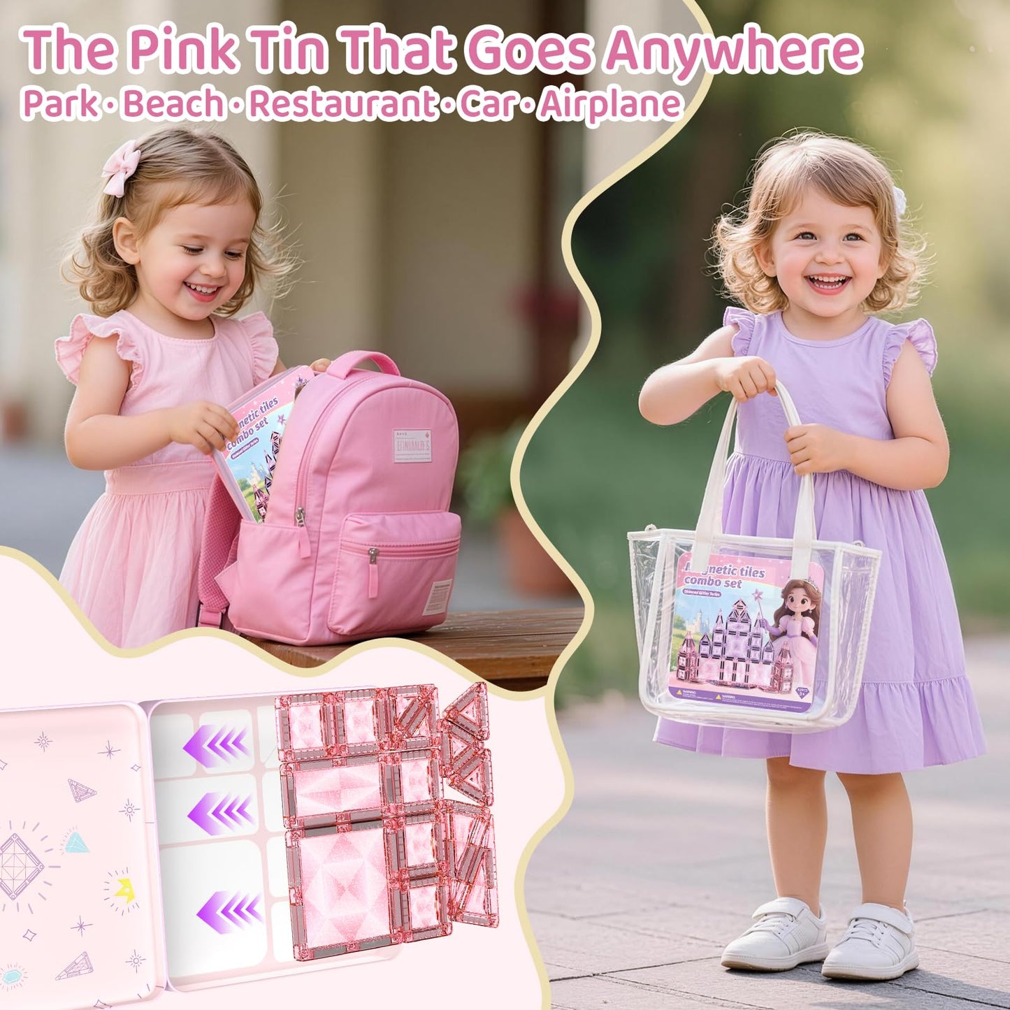 burgkidz Princess Magnetic Tiles for Girls Ages 3-8 – 42PCS Sparkling Pink & Purple Glitter Tiles with Storage Tin, Dual Size Standard Compatible STEM Toys, Travel Friendly Birthday Gift