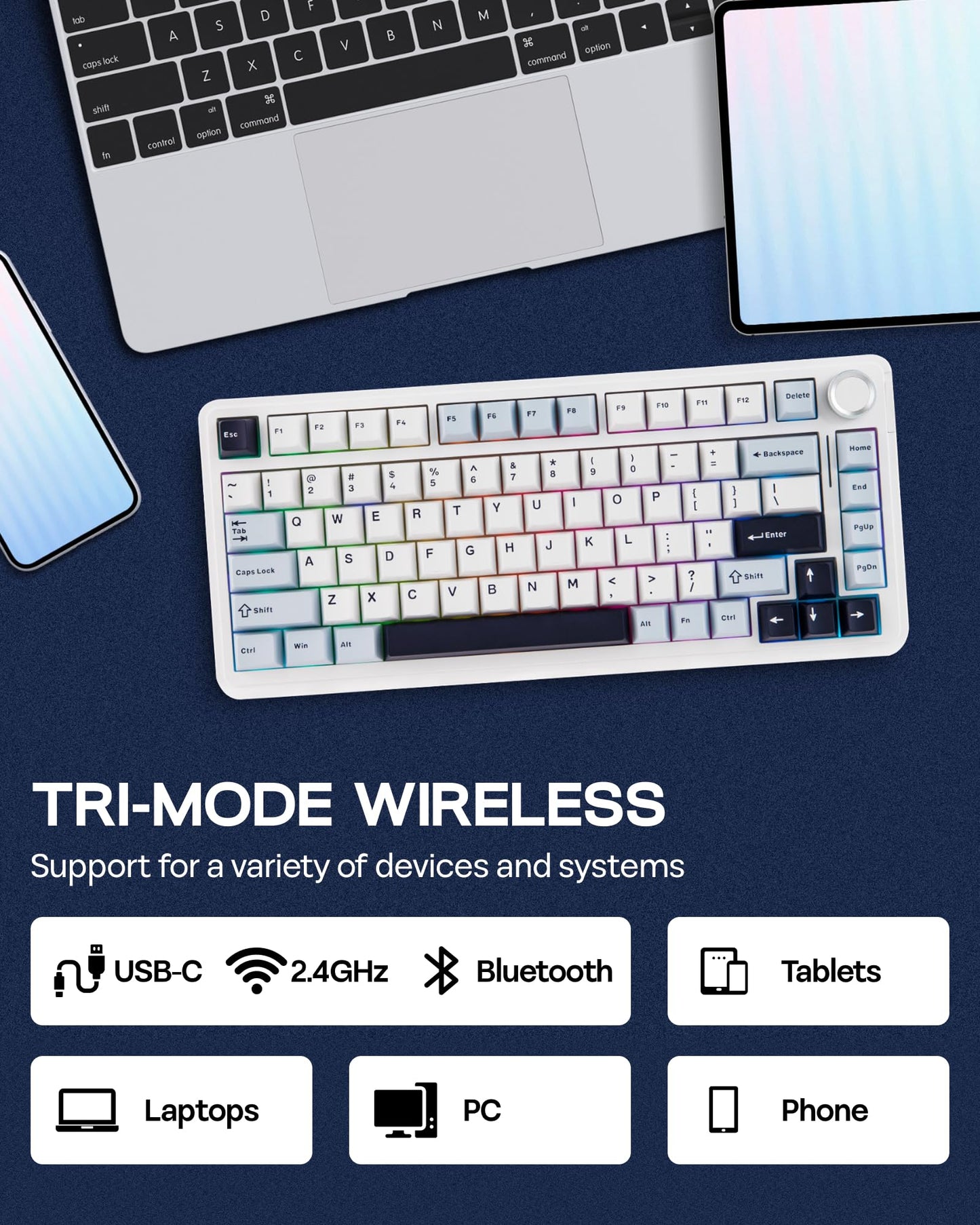 EPOMAKER EA75 75% RGB Gaming Mechanical Keyboard, 2.4GHz/Type-C/BT Creamy Wireless Keyboard with Knob, Shine Through PBT Keycaps, Hot Swappable for Gamers (Light Blue, Graywood V3 Switch)
