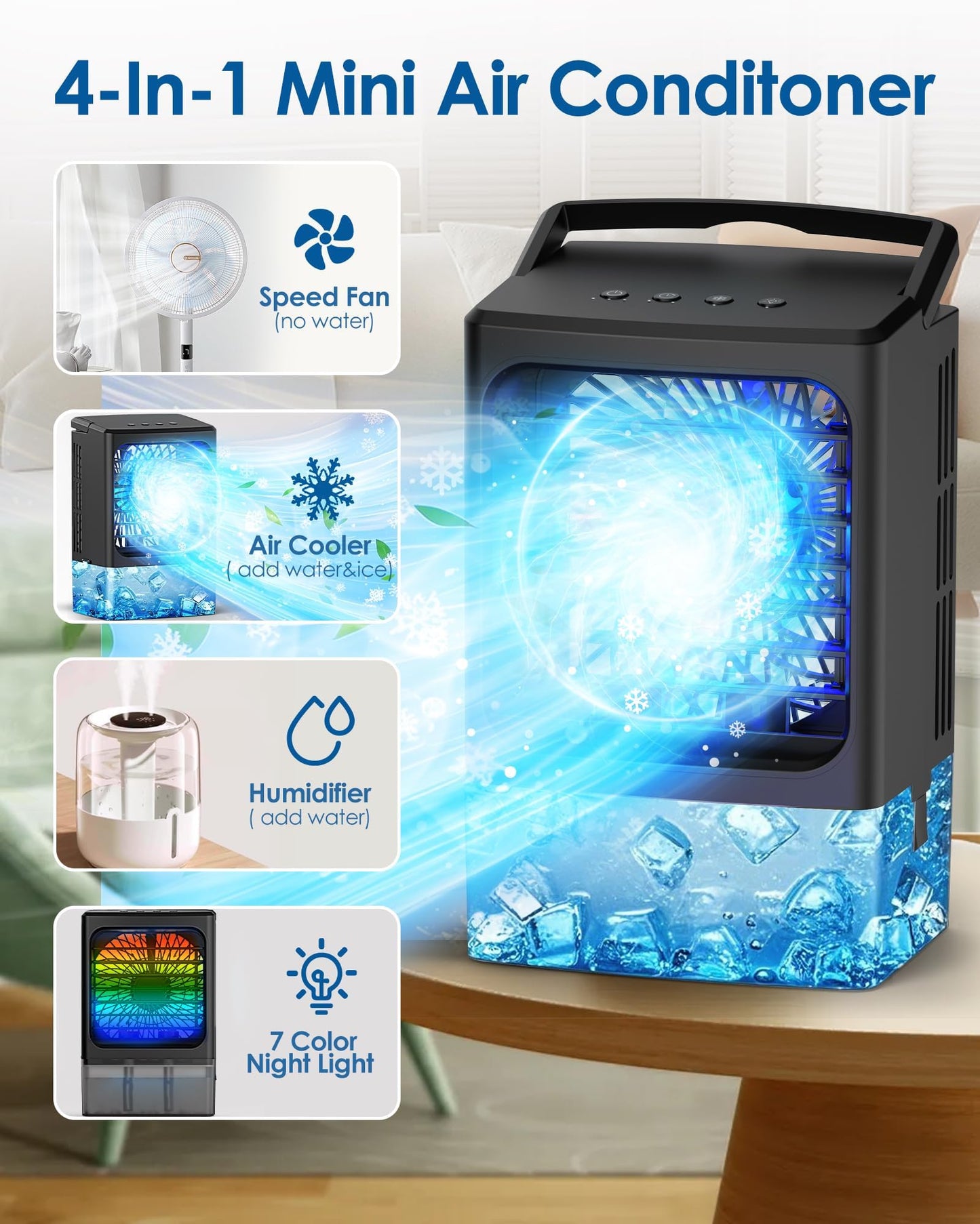 Portable Air Conditioner,Upgraded Small Air Conditioner Personal Air Cooler Mini Evaporative Cooler 3 Wind Speed Portable Small AC with 7 Night Light for Room Home Bedroom Office