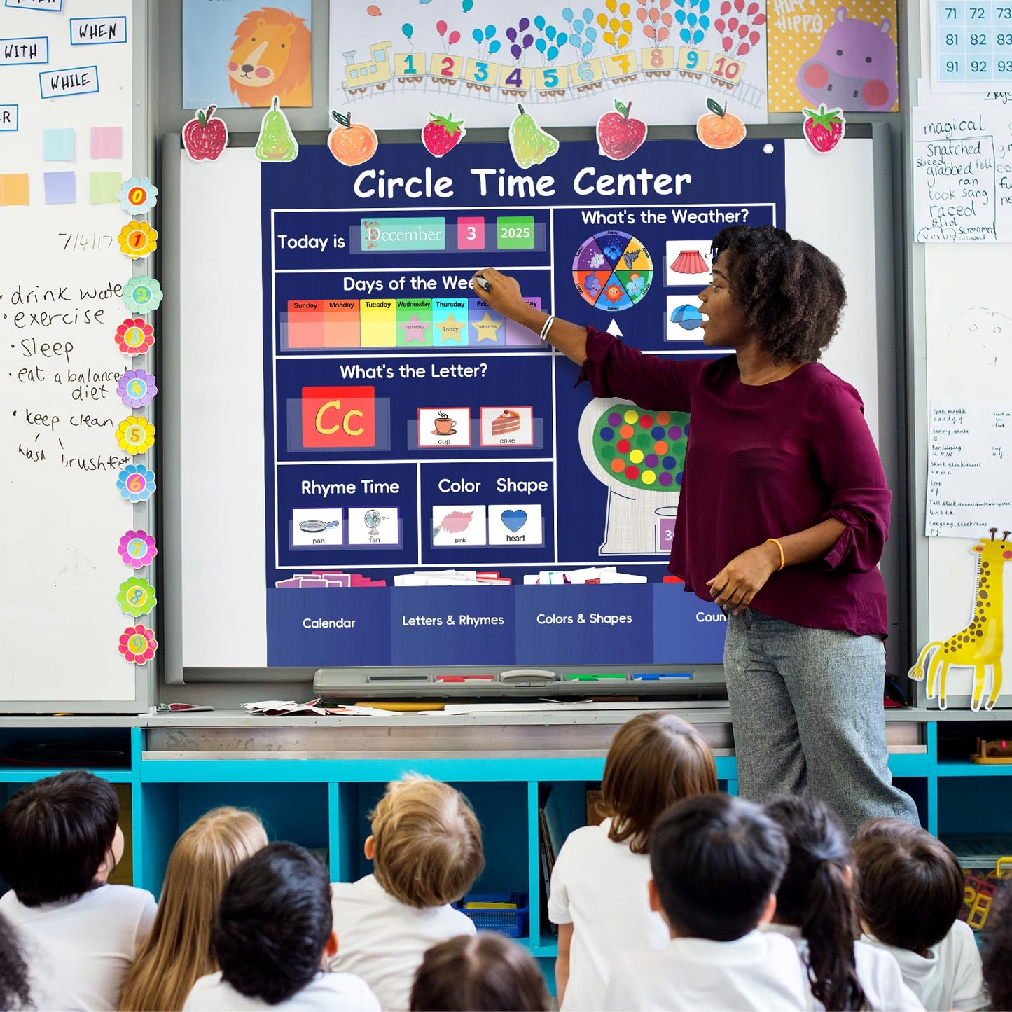 Ottkids Circle Time Learning Center Classroom Pocket Chart, Circle Time Calendar Preschool Include 224 Cards, Educational Pocket Chart Material, Learning Calendar Weather Letter Counting Color Shape