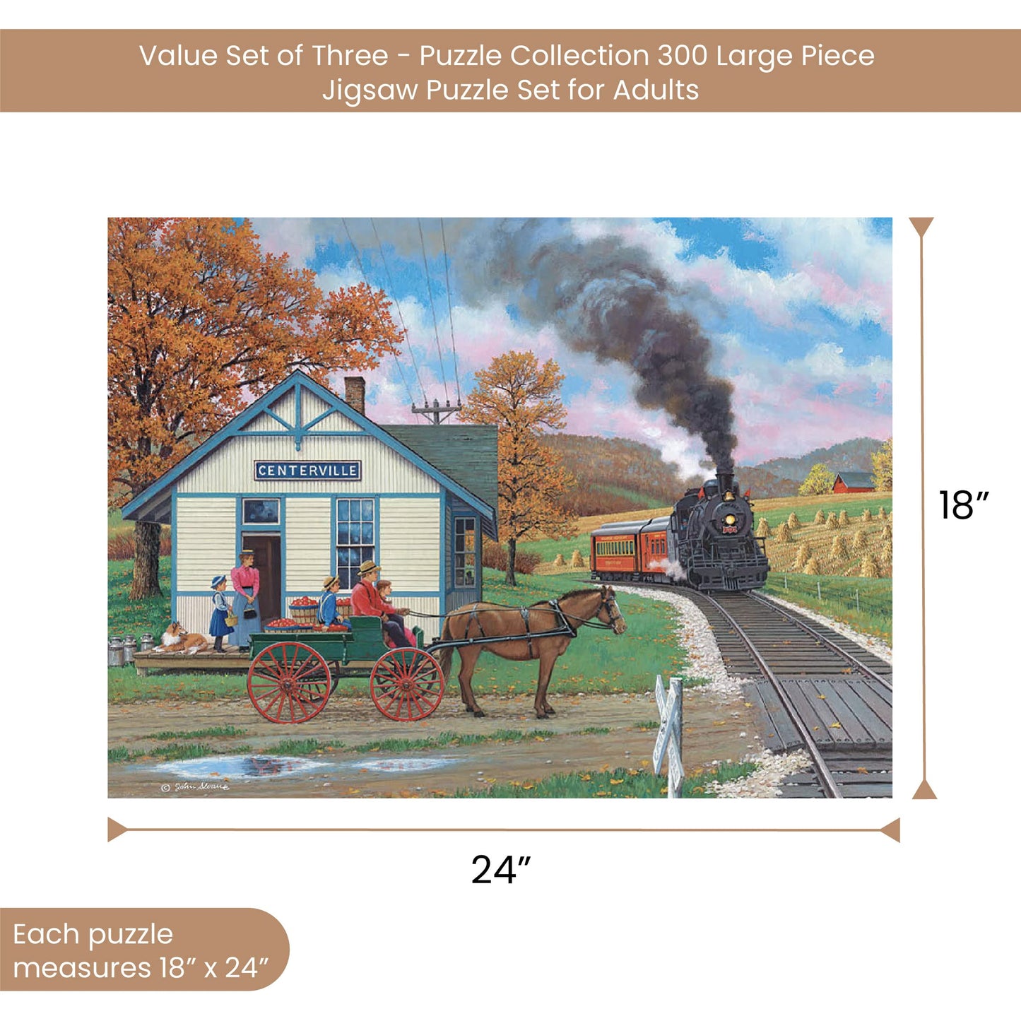 Bits and Pieces - Value Set of Three (3) 300 Piece Jigsaw Puzzles for Adults - Each Puzzle Measures 18" x 24" - 300 pc Whistle Shop, Morning, Ma'am, Bushels of Fun Jigsaws by Artist John Sloane…