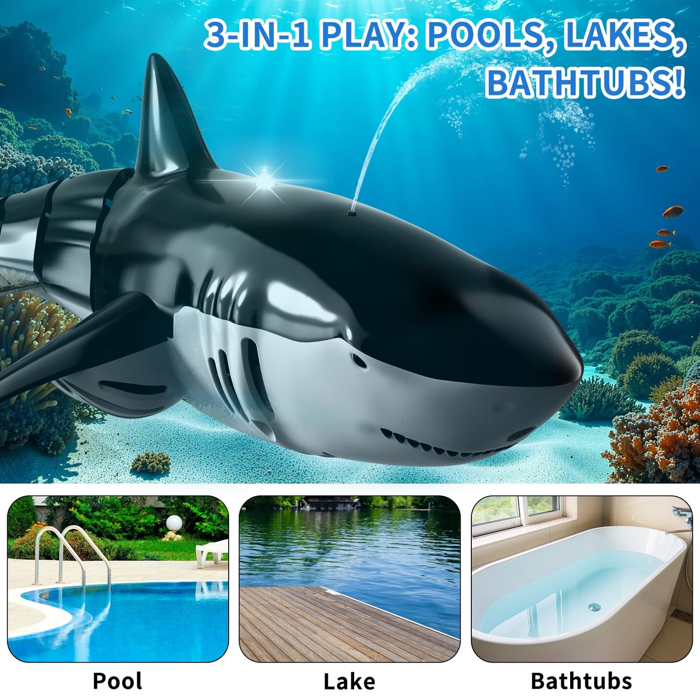 BLmukce 2.4GHz Remote Control Shark Toy for Pool, 1:18 Scale High Simulation RC Shark with Light & Spray Water, Electric Remote Controlled Swimming Water Toy Boat for 4 5 6 7 Year olds Kid Boys Girls