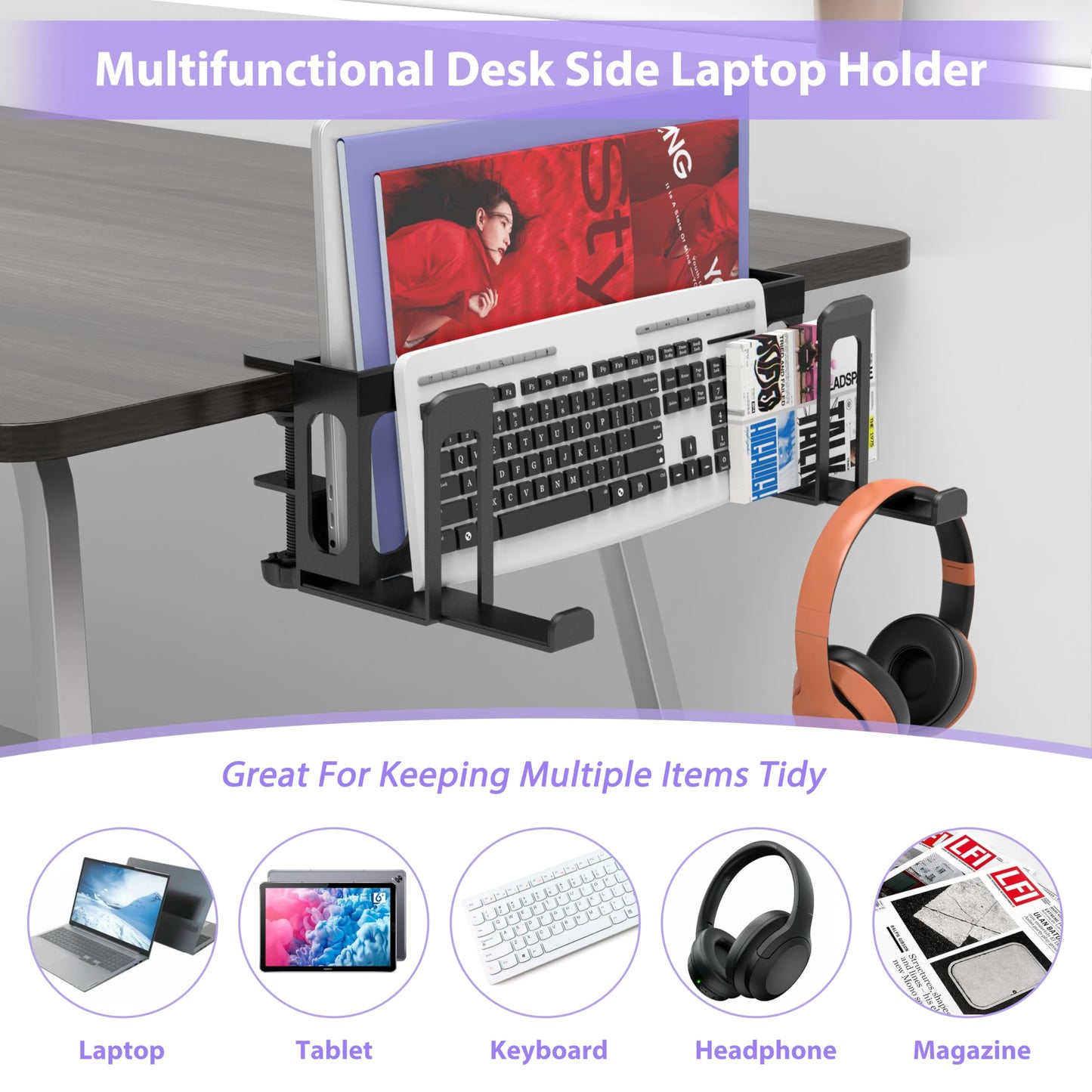 ROLIZOE 6 in 1 Adjustable Under Desk Laptop Holder with Keyboard Tray & Headphone Stand No Drilling Clamp On Magazine File Holder Vertical Laptop Stand Desk Side Storage Fits Up to 4.5cm Table Thick