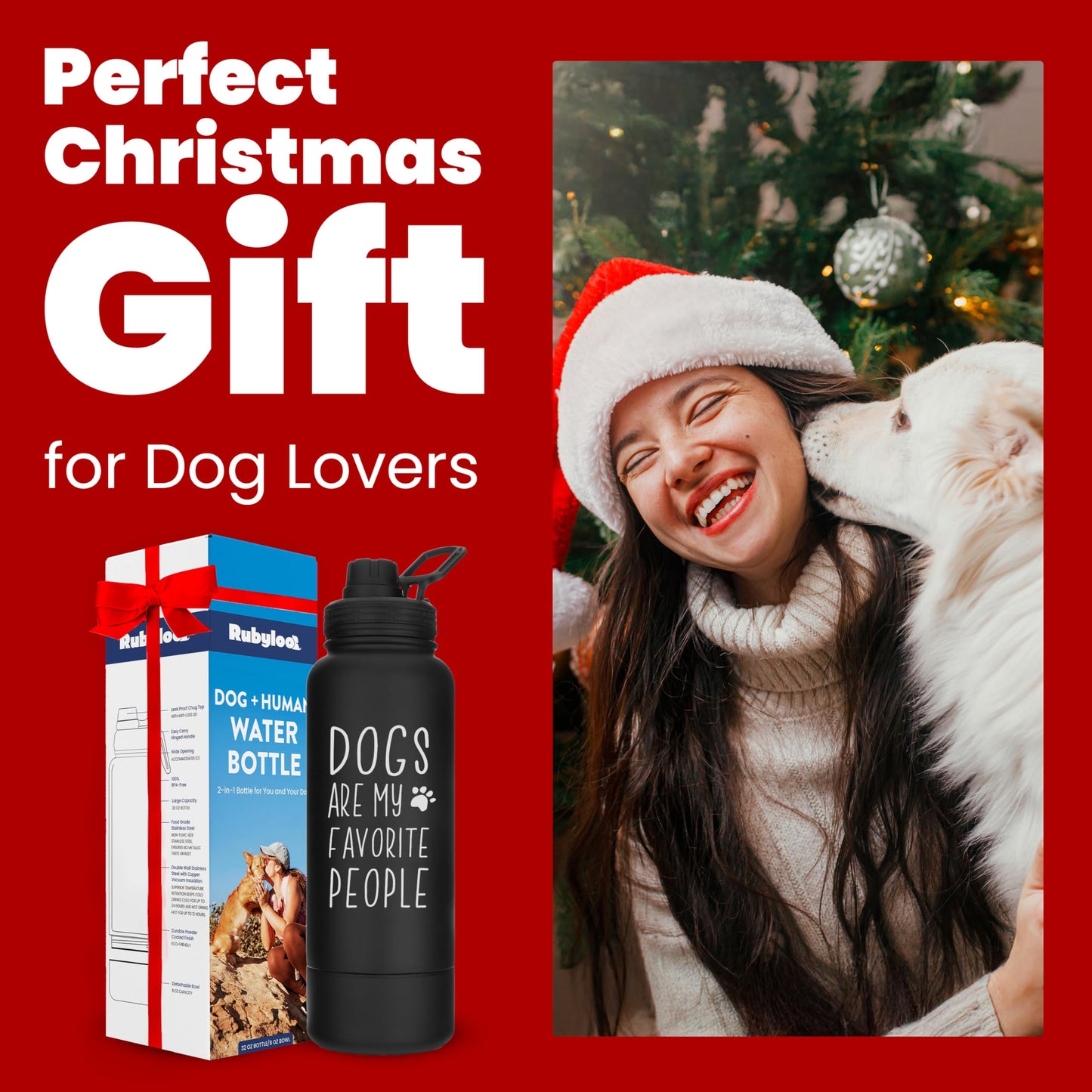 Dog Water Bottle for Dog Lovers - 32 oz Stainless Steel Double Wall Insulated Water Bottle with 8 oz Detachable Bowl on Bottom- Ideal for Doggy Lovers - “Favorite People” Black