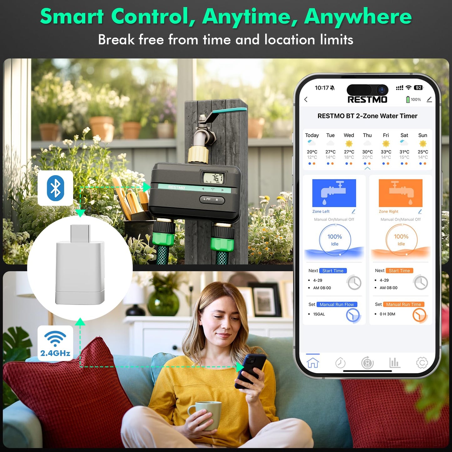 RESTMO Smart Water Timer with Flow Meter, Sprinkler Timer for Garden Hose, Brass Inlet & Outlet, Automatic Lawn & Yard Irrigation Watering System, APP Remote Control (2.4Ghz WiFi Connection)