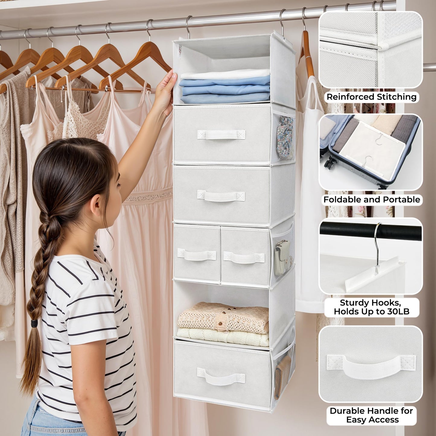 GRANNY SAYS Hanging Closet Organizer with Drawers, Rangement Garde Robe, Hanging Storage Organizer, Closet Organizers and Storage for Clothes, 1-Pack, 31 x 35 x 108.4cm, 6-Shelf, White