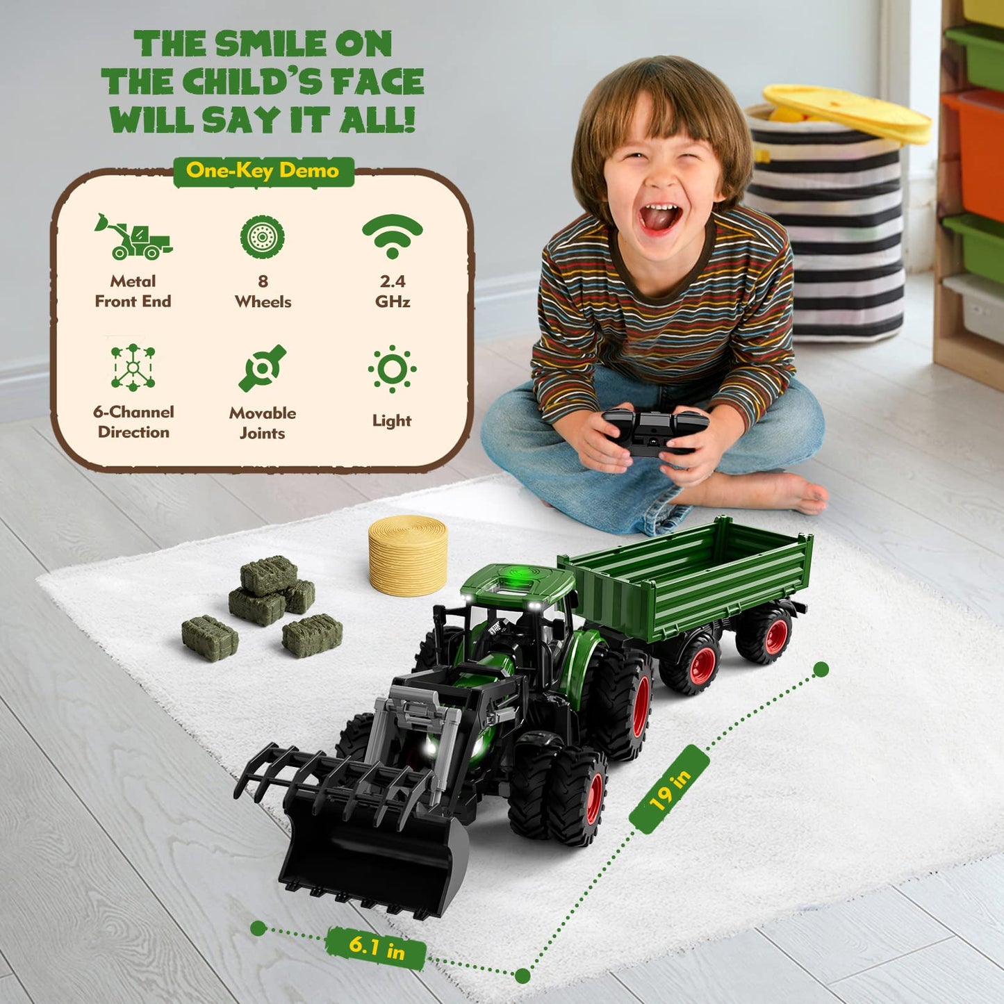 WELIN Remote Control Tractor and Trailer Toys - Rechargeable RC Tractor Playset with Metal Car Head/Lights/8 Wheels, Green Farm Truck Vehicles Toy Set, Birthday Gifts for Kids Boys Ages 3+