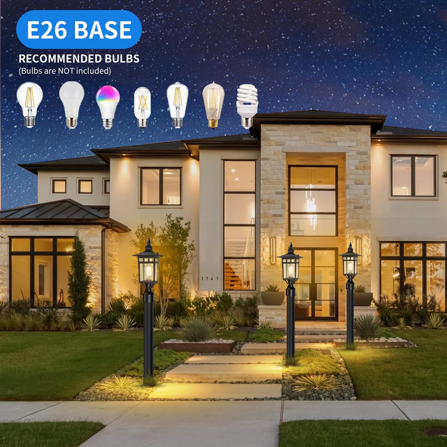 17.6'' Outdoor Post Light 2 Packs, Black Pole Lantern Lighting Fixture Hard Wired, Waterproof Outdoor Column Lights Exterior Lamp Post Lantern with Glass for Garden Path(Not Include Mounting Base)