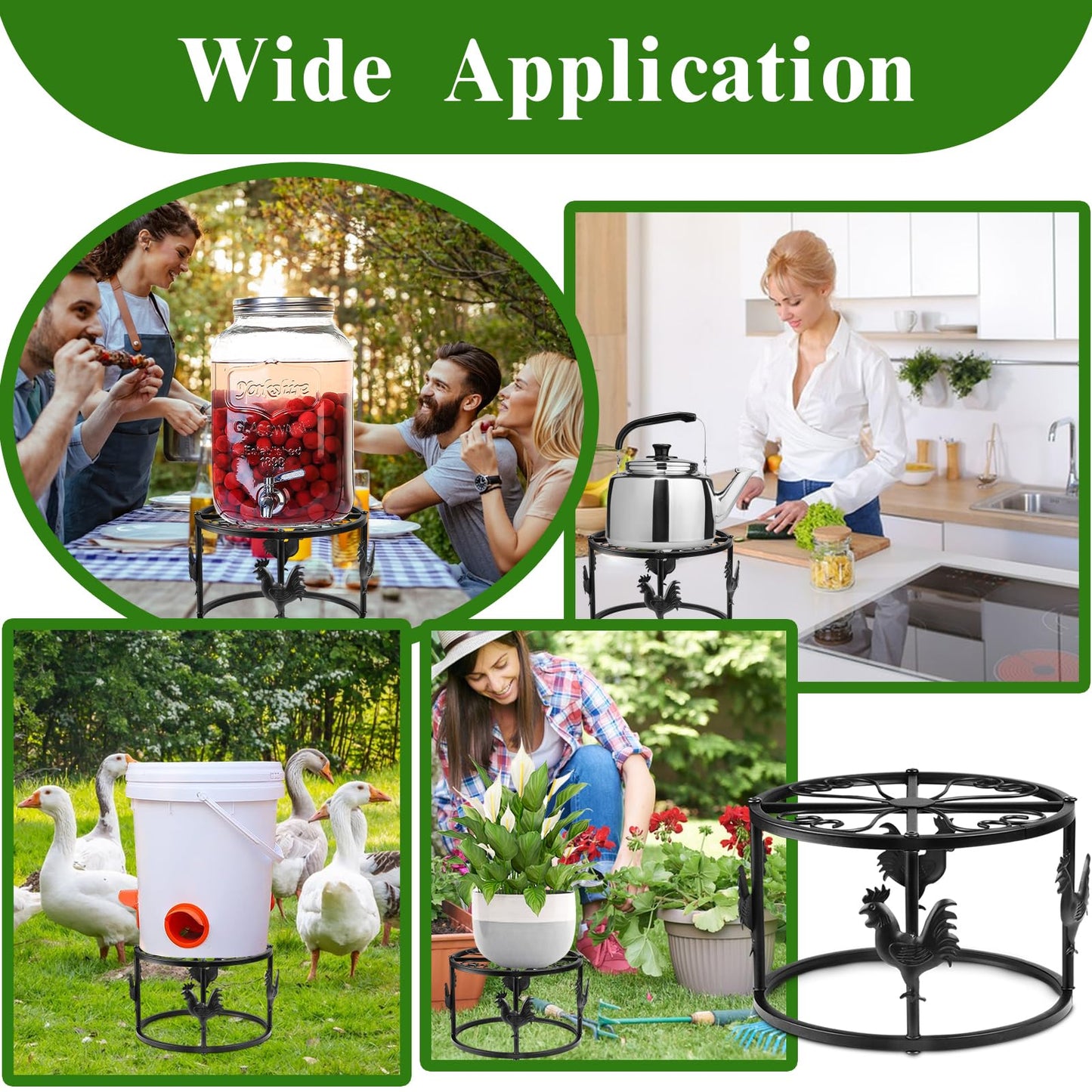 MeyRolizn Metal Stand for Chicken Feeder Waterer, Heavy Duty Poultry Water Feeder Stand Holder with Basin, Rustproof Iron Chicks Feeding Buckets Support Shelves for Indoor Outdoor (Black 2pc)