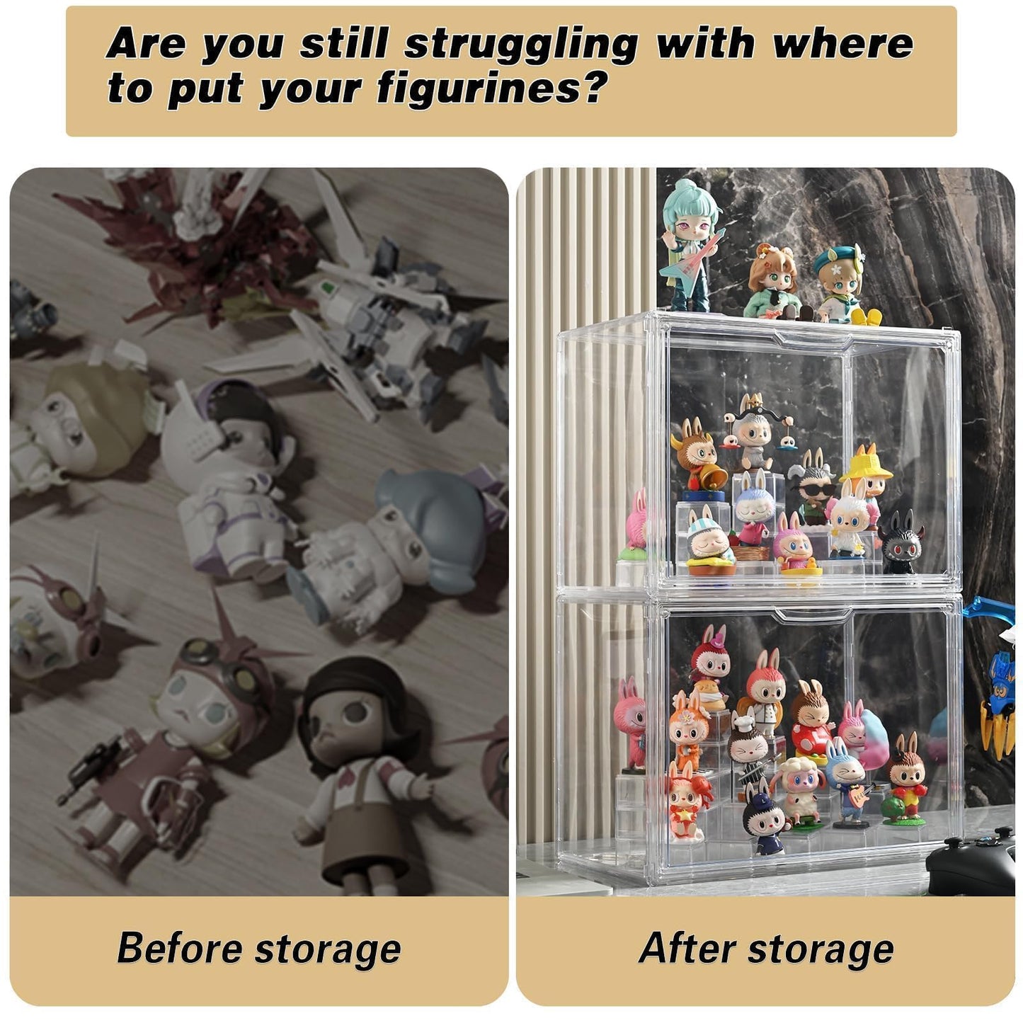 GUDEMAY Clear Acrylic Display Case for Collectibles with Magnetic Door, Stackable Dustproof Storage Cabinet Bins, Modular Risers, Showcase for Action Figures, Blind Box Toy, Collectible Figure (3Pack)