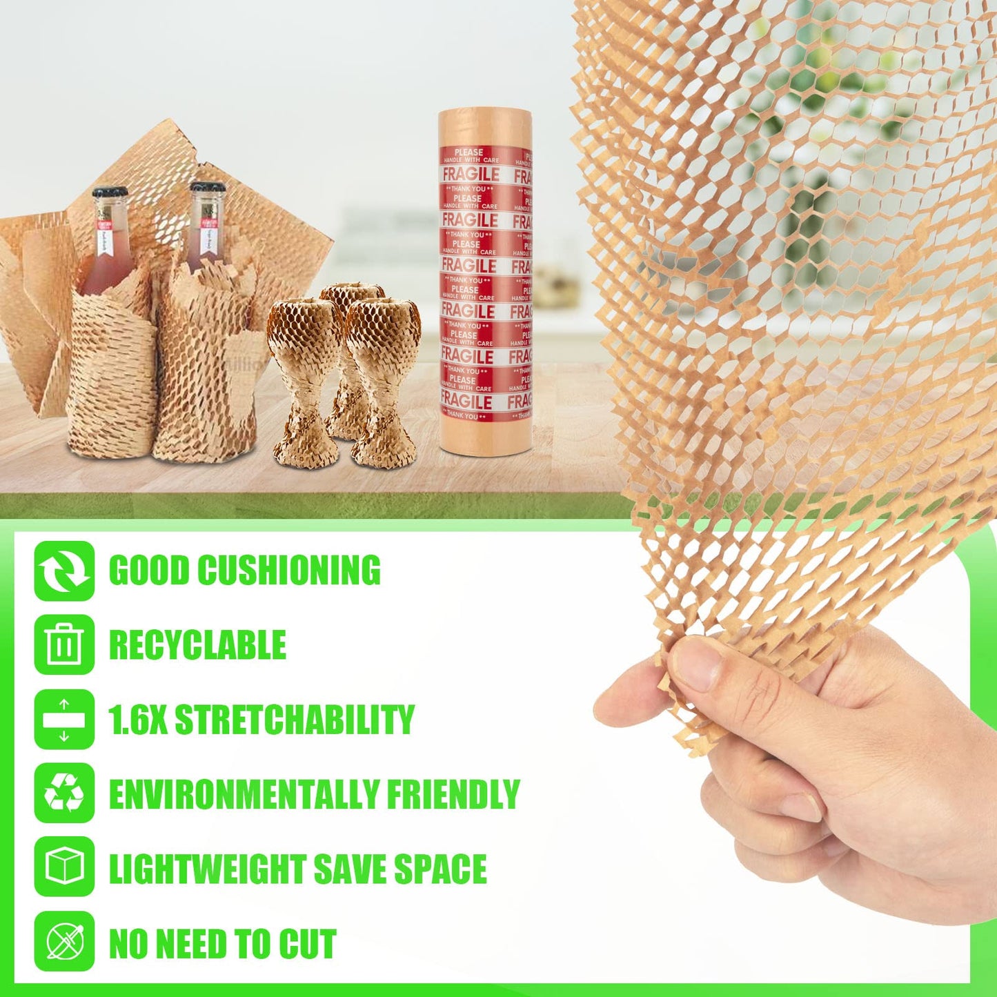 Honeycomb Packing Paper, MINHAO 15"x400' Eco Friendly Packing Paper for Moving Recyclable Honeycomb Paper Moving Supplies Bubble Wrapping Protective Roll, With 36 Fragile Sticker Labels