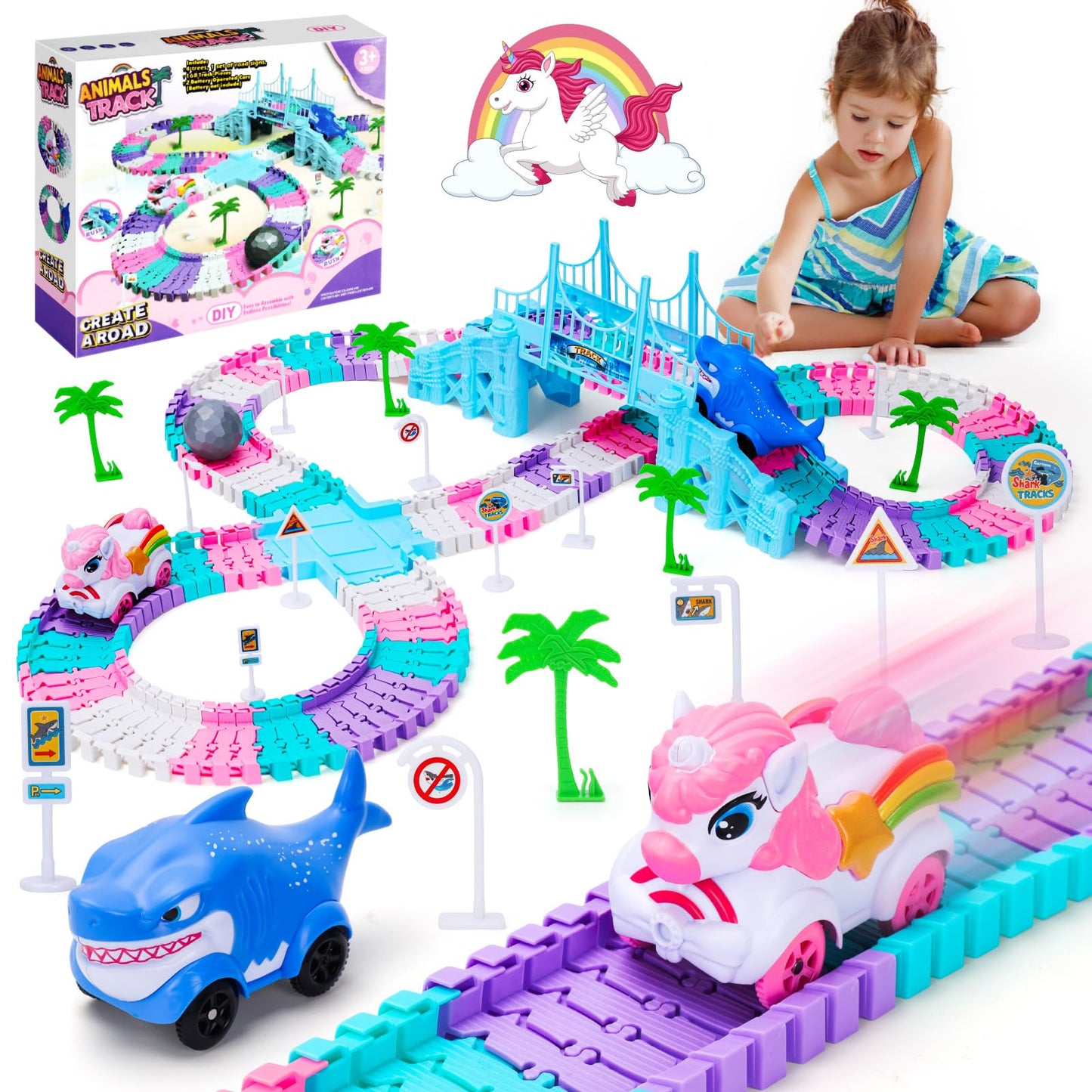 Race Track Toys for 3 4 5 Year Old Girls: Shark & Unicorn Gifts for Girls Kids Toys Age 4 5 6, Flexible Car Tracks Train Set Toddler Toy for 3 4 5 6 Year Old Girl Gifts Birthday Cadeau (194PCS)