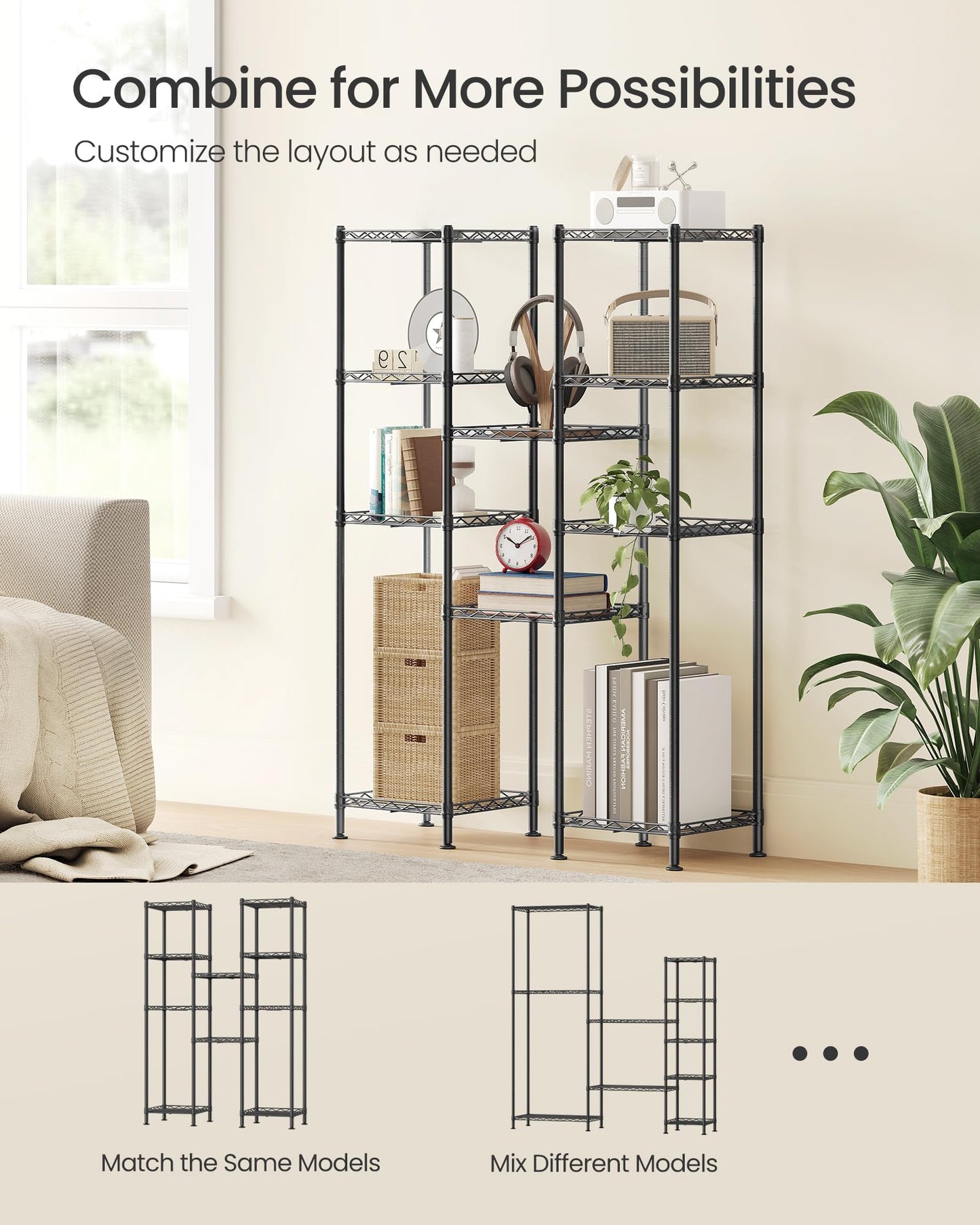 SONGMICS Storage Shelf, Metal Wire Shelving Unit, Adjustable Shelves, for Garage, Bedroom, Living Room, Kitchen, Pantry, 5 Tier, 30 x 30 x 121 cm, Ink Black ULGR123BH01