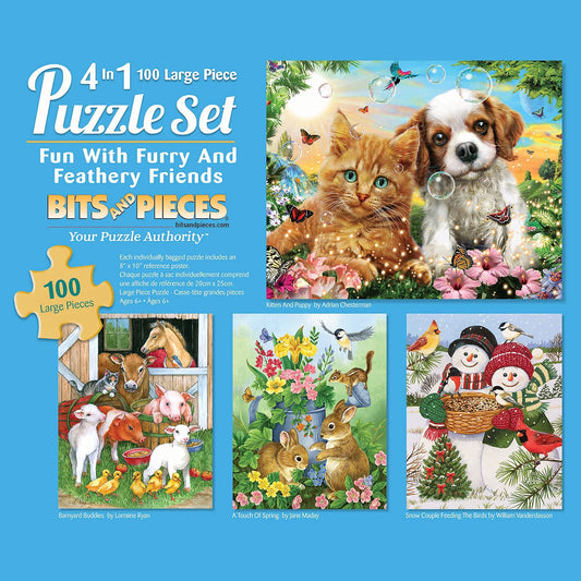 Bits and Pieces – 4-in-1 Multi-Pack - 100 Piece Jigsaw Puzzles for Adults – 100 pc Puzzle Set Bundle by Artist William Vanderdasson - 16" x 20"