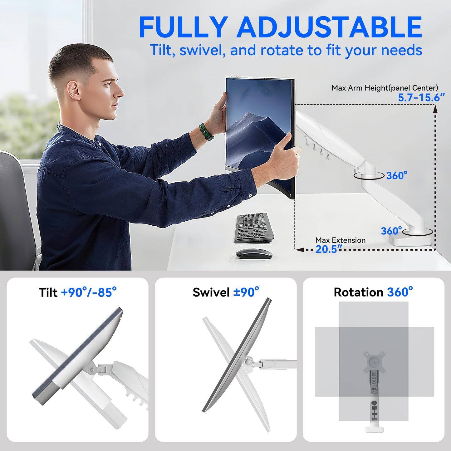 SHOPPINGALL Single Monitor Mount for 13 to 32 Inch Gas Spring Monitor Arm, Fully Adjustable VESA Mount with Desk Clamp - SA-GC41-WHITE