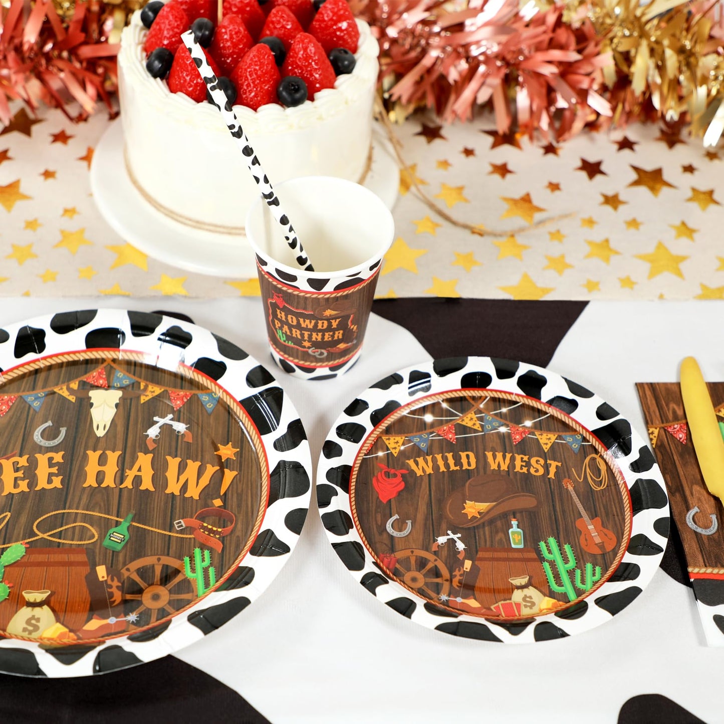 Western Birthday Party Supplies Decorations, Cowboy Wild West Theme Birthday Paper Plates and Napkins Set with Cups and Straws for 24 Guests, 120 Pcs Disposable Party Dessert Dinnerwares