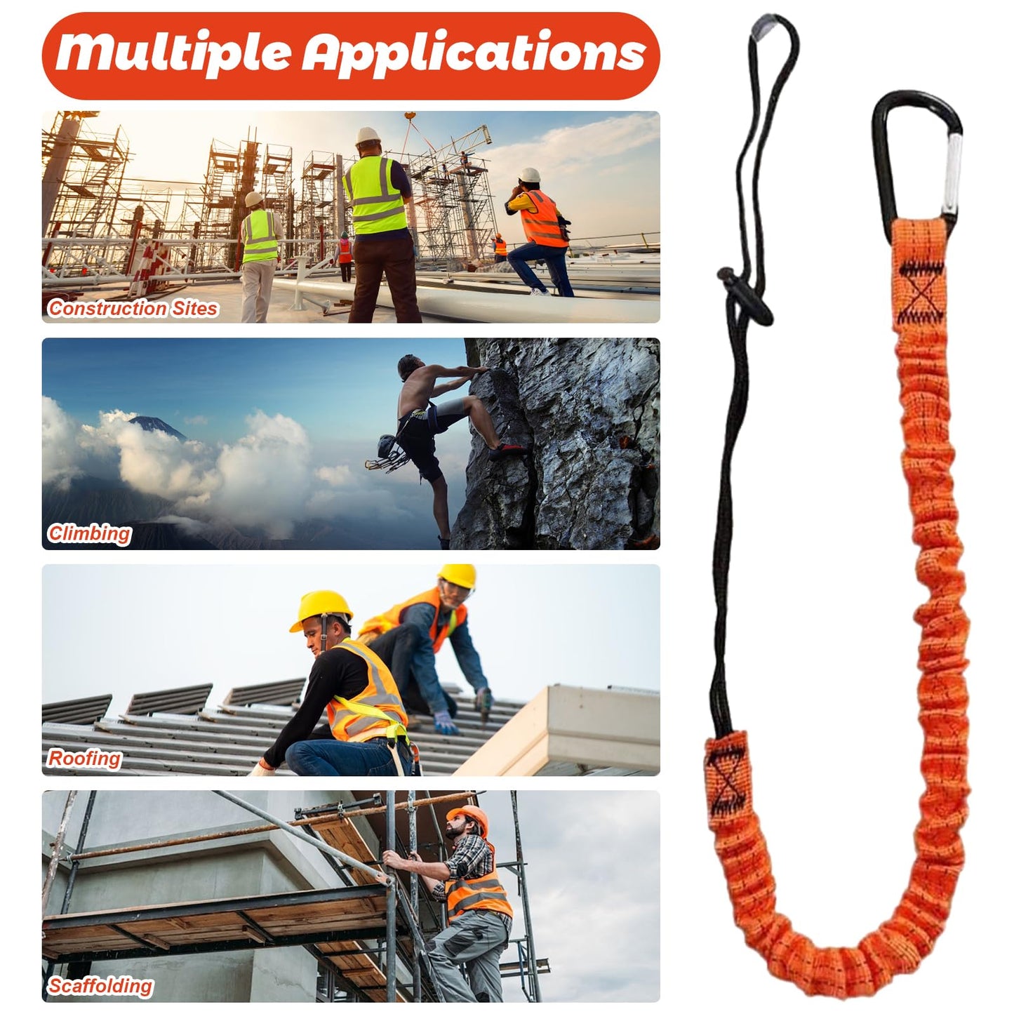 Carivia 10pcs Retractable Tool Lanyards for Hand Tools with Carabiner and Adjustable Loop End, Extendable Length 31.5 "-43.3", Aluminum Screw Lock Carabiner with Shock Cord Stopper