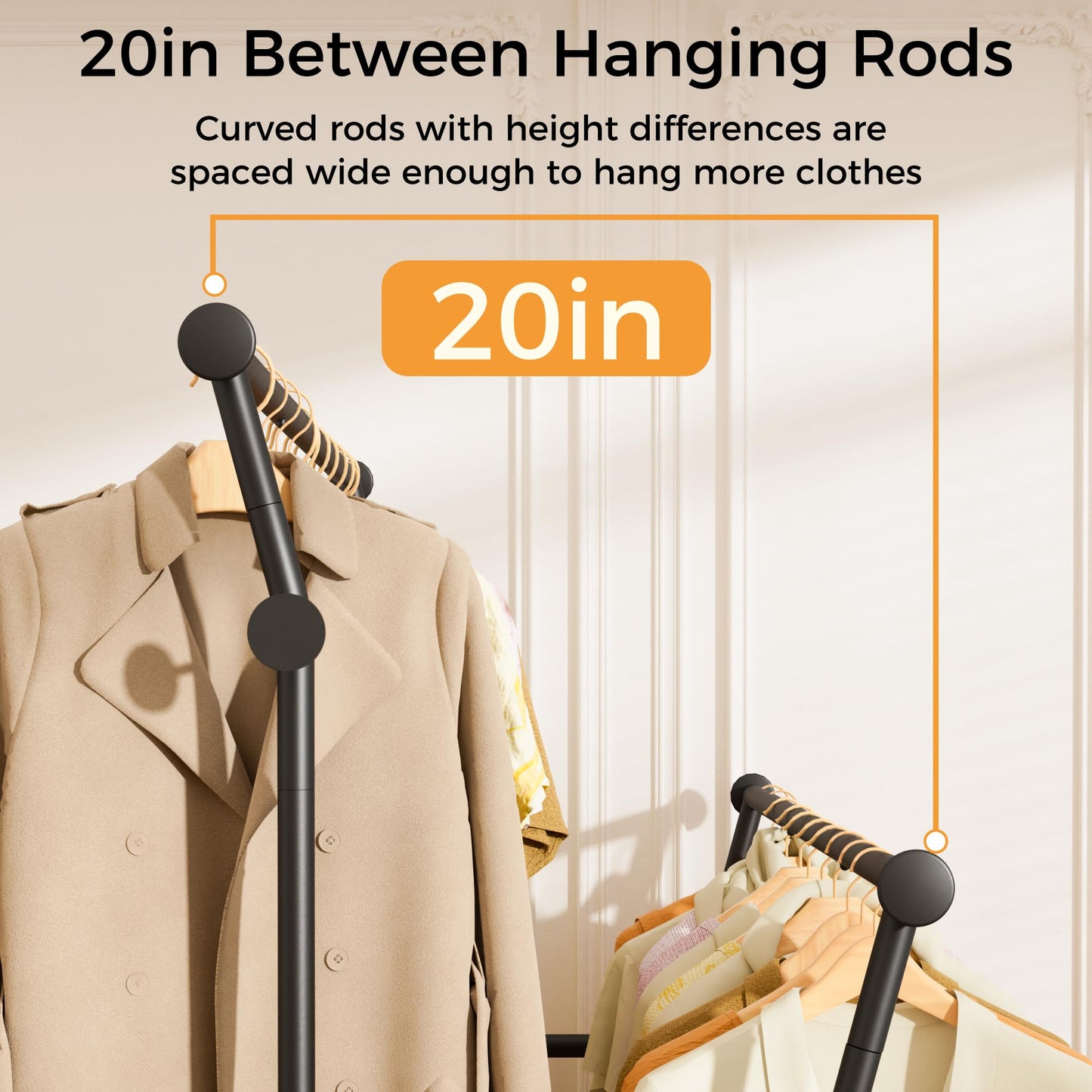 Double Rods Clothes Rack, Rolling Clothing Rack for Hanging Clothes with Hooks&Mesh Shelf, Portable Wardrobe Rack, Metal Coat Rack Sturdy Garment Rack for Bedroom Laundry Living Room Storage, Black