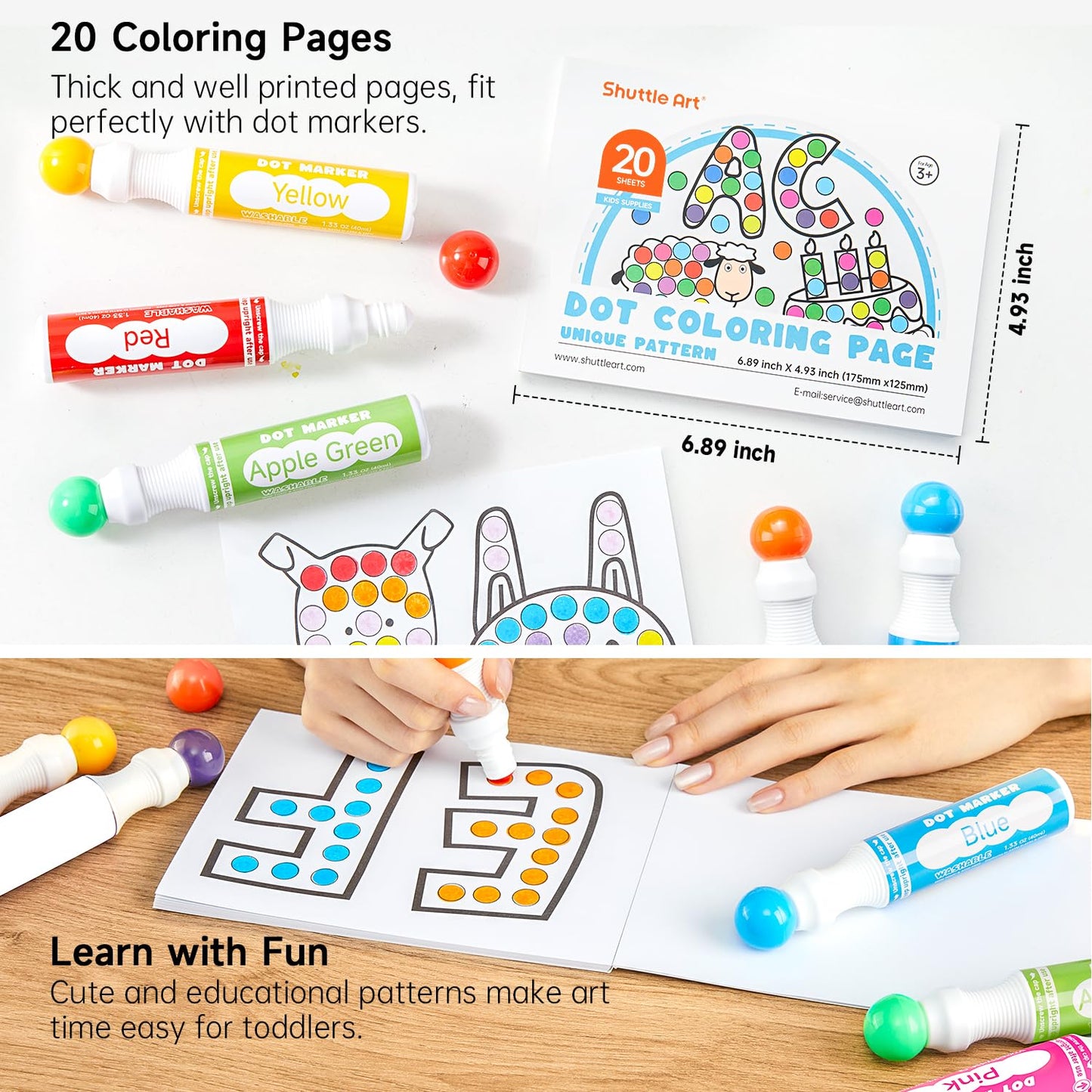 Shuttle Art Dot Markers, 14 Colors Bingo Daubers with 135 Patterns, 5 Activity Books, Educational Set With Art Activities,Non-Toxic Washable Coloring Markers