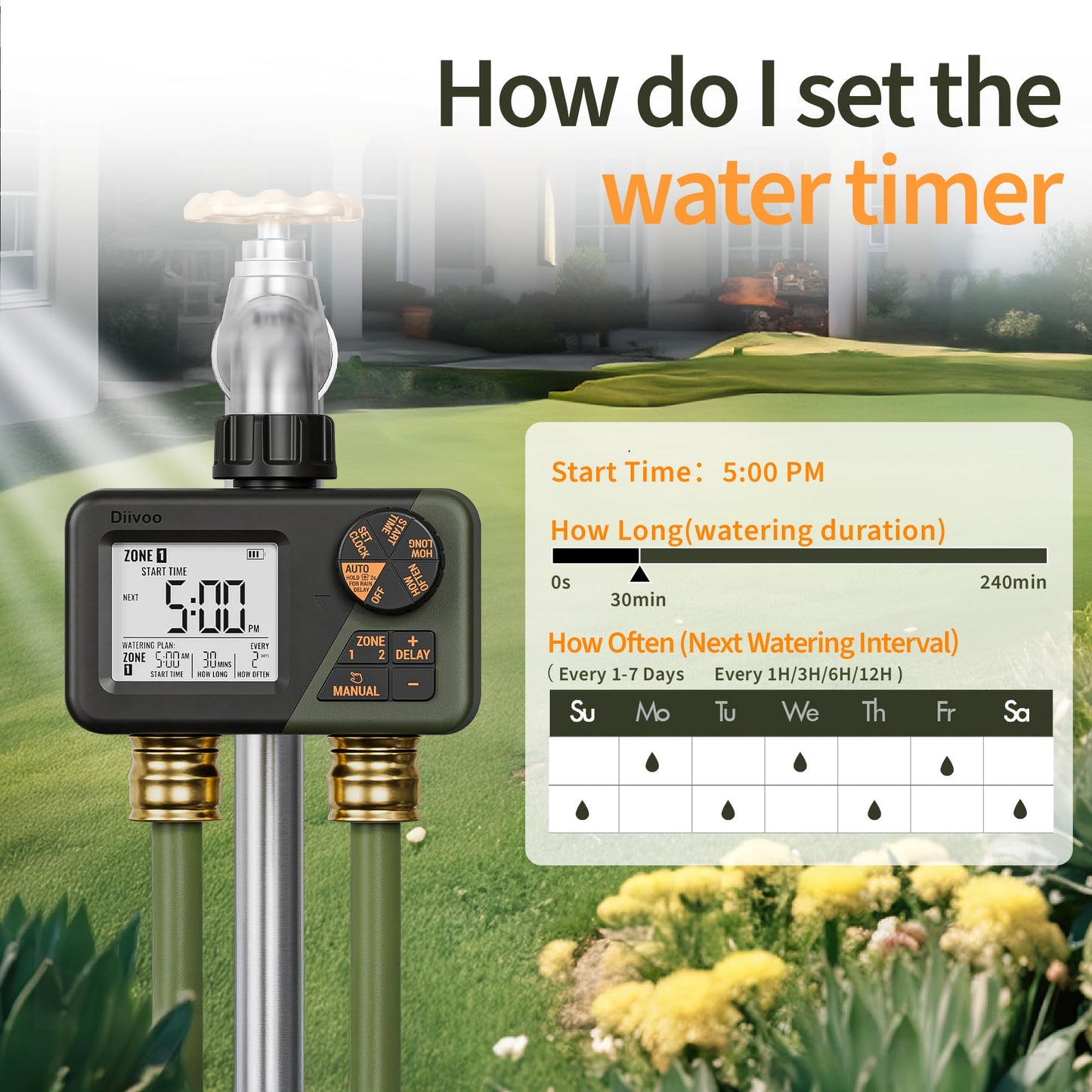 Diivoo Sprinkler Timer 2 Zone, Programmable Water Hose Timer 2 Outlet for Garden, Automatic Irrigation Timer IPX5 with Rain Delay/Manual, Outdoor Hose Timer Controller for Lawn, Yard, Pool