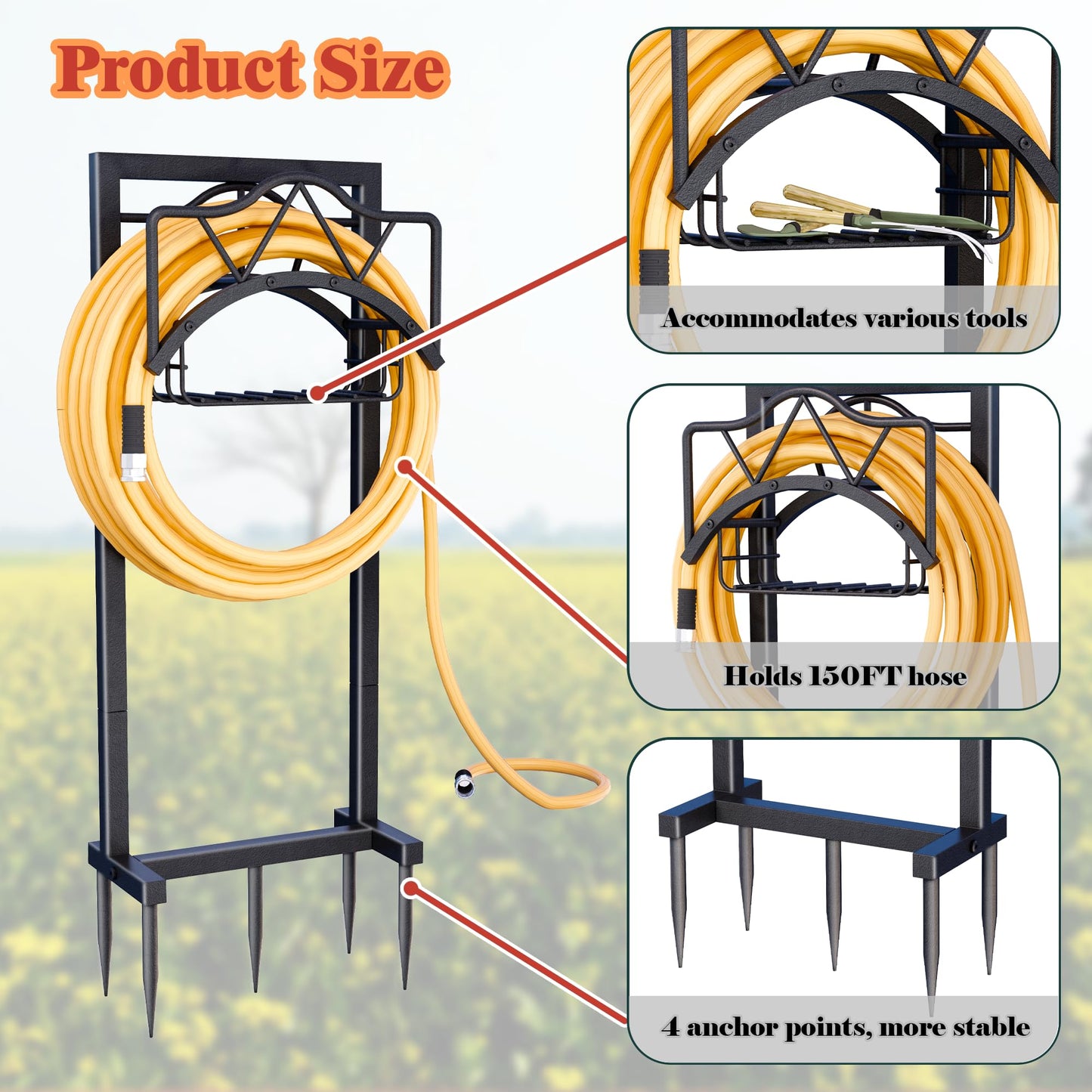 AMDERVEN Garden Hose Holder for Outside - Freestanding Metal Stand With 5 Spikers and Basket, Outdoor Heavy Duty Reel, Holds 150-feet, Black