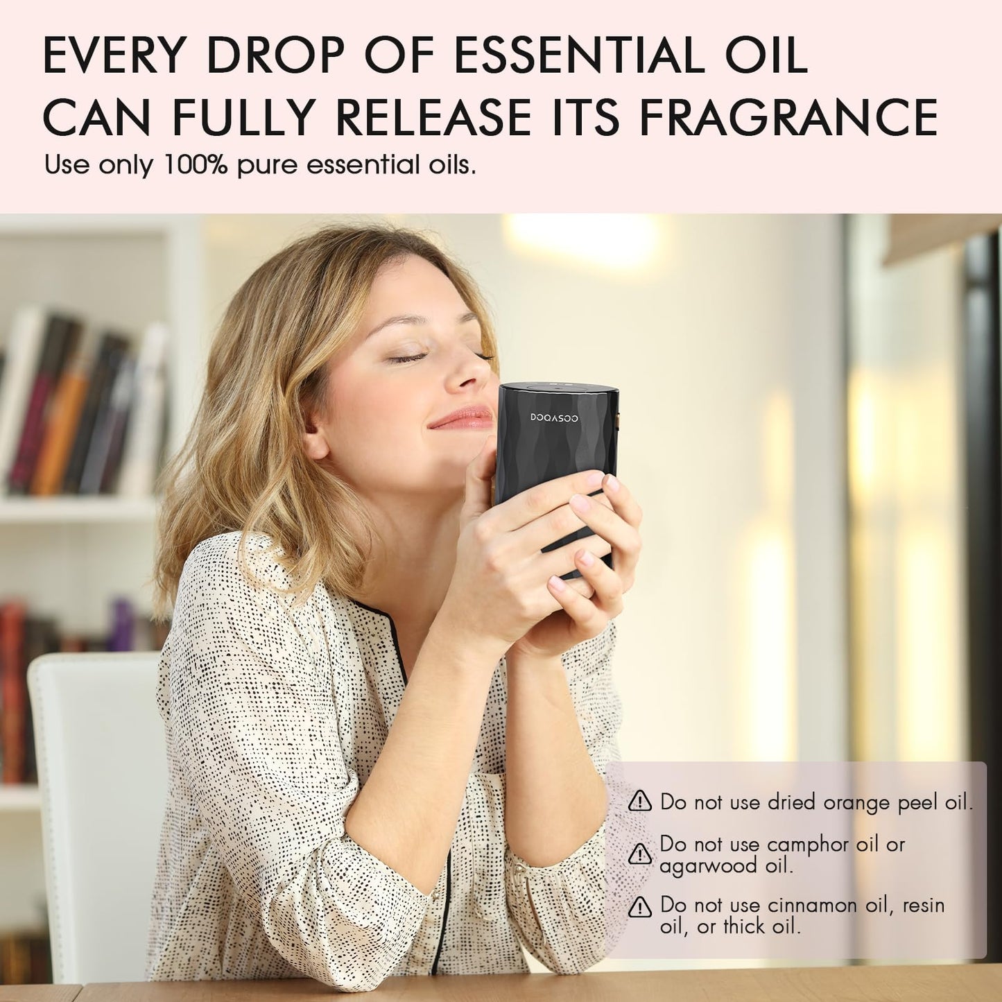 DOQASOO Waterless Diffuser for Essential Oils - Aluminum Metal Texture, 96H Cordless Nebulizer with Timer & 4 Mist Levels, Portable Aromatherapy for Home Room and Car