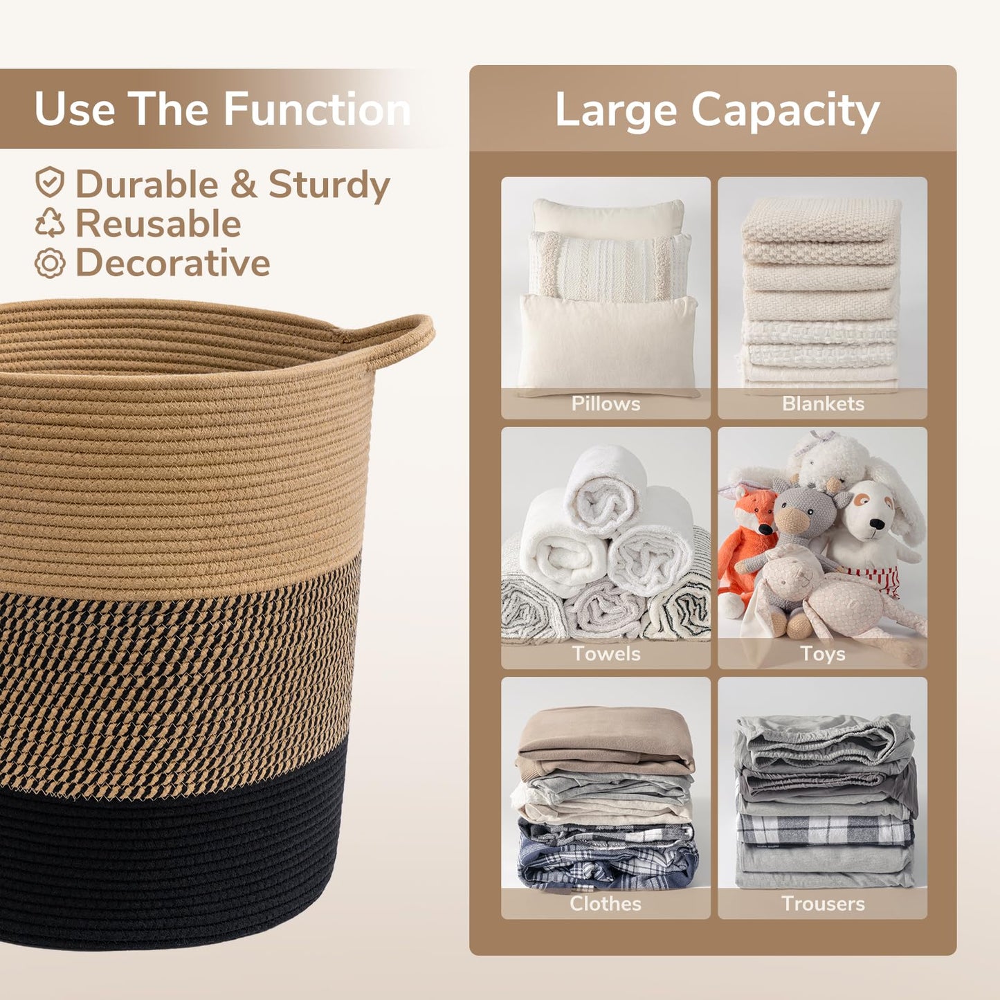 INDRESSME Large Cotton Rope Basket - Tall Laundry Basket Hamper for Dirty Clothes Woven Storage Basket for Blanket in Living Room Toy Basket for Nursery Storage, 17.8" x 15.8" x 13.8"